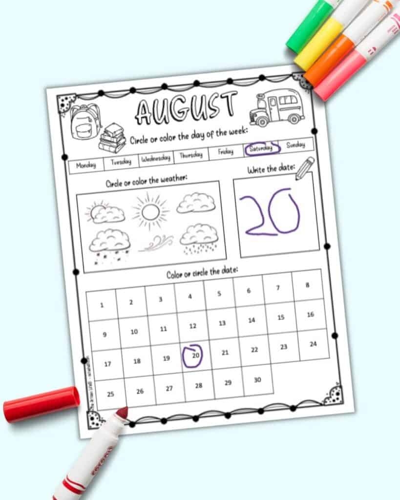 Free Printable August Calendar Worksheet For Kids The Artisan Life