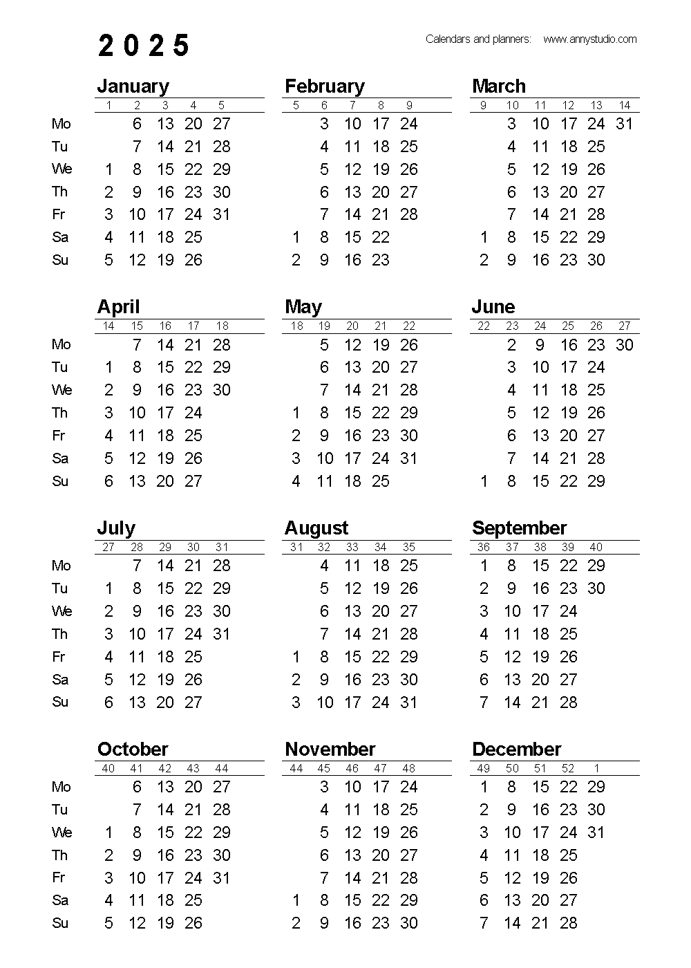 Printable Single Page Pocket 2025 Calendar