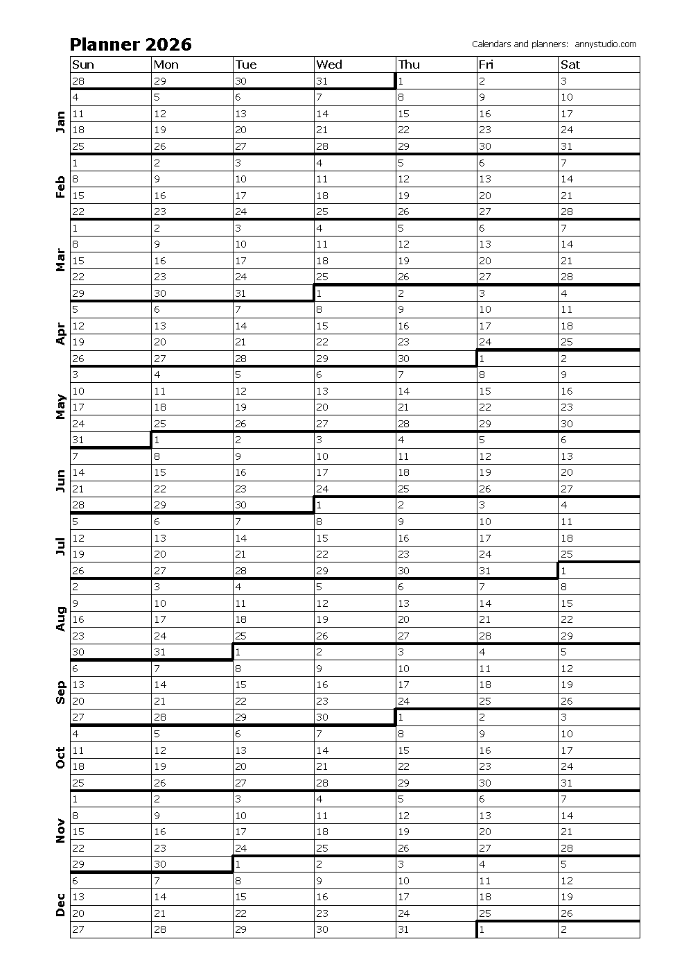 Printable One Page Wall Calendar 2025-2026