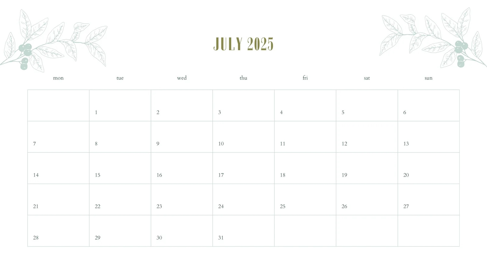 Free Printable Custom July 2025 Calendar Templates Canva