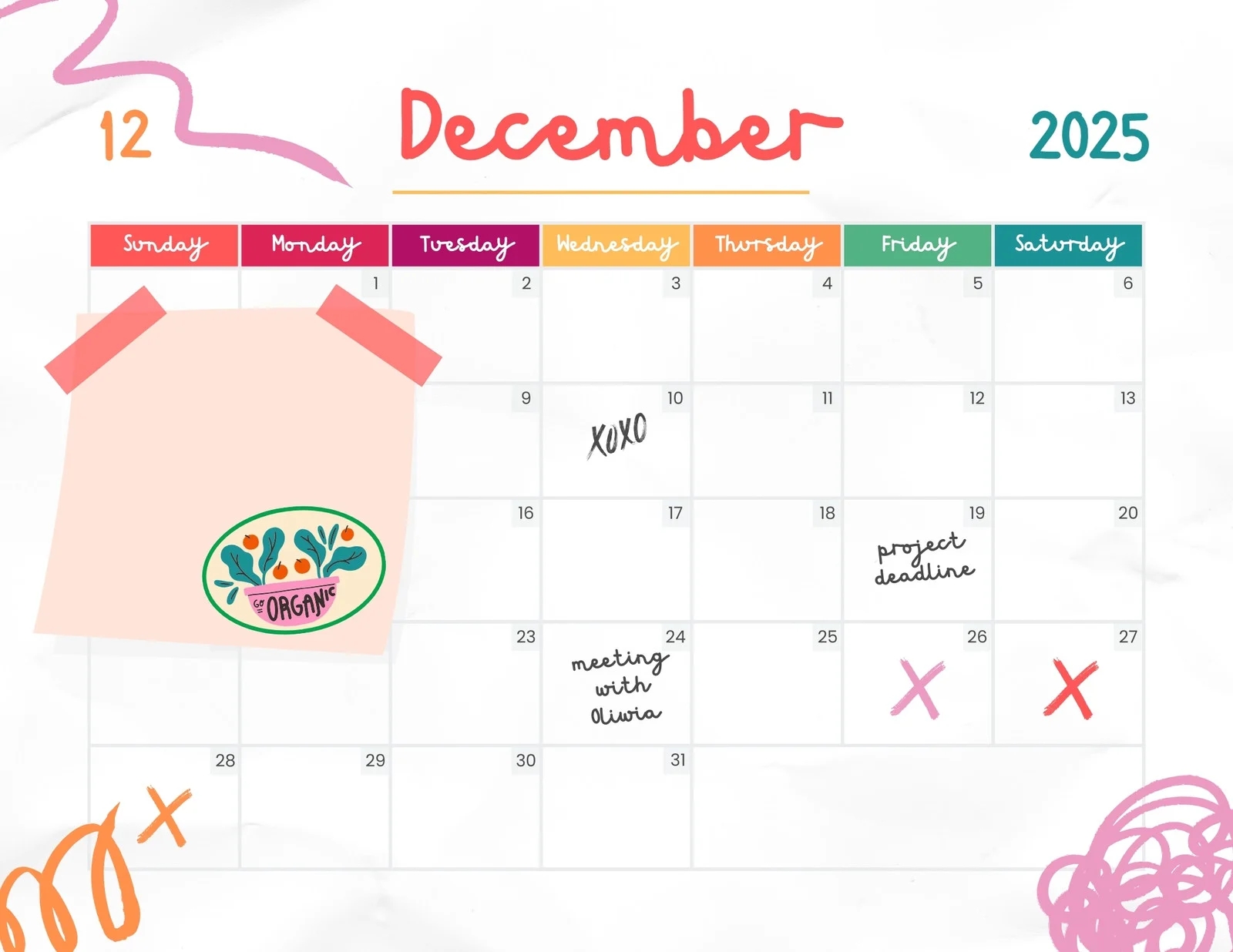 Printable December 2025 Calendar Cute