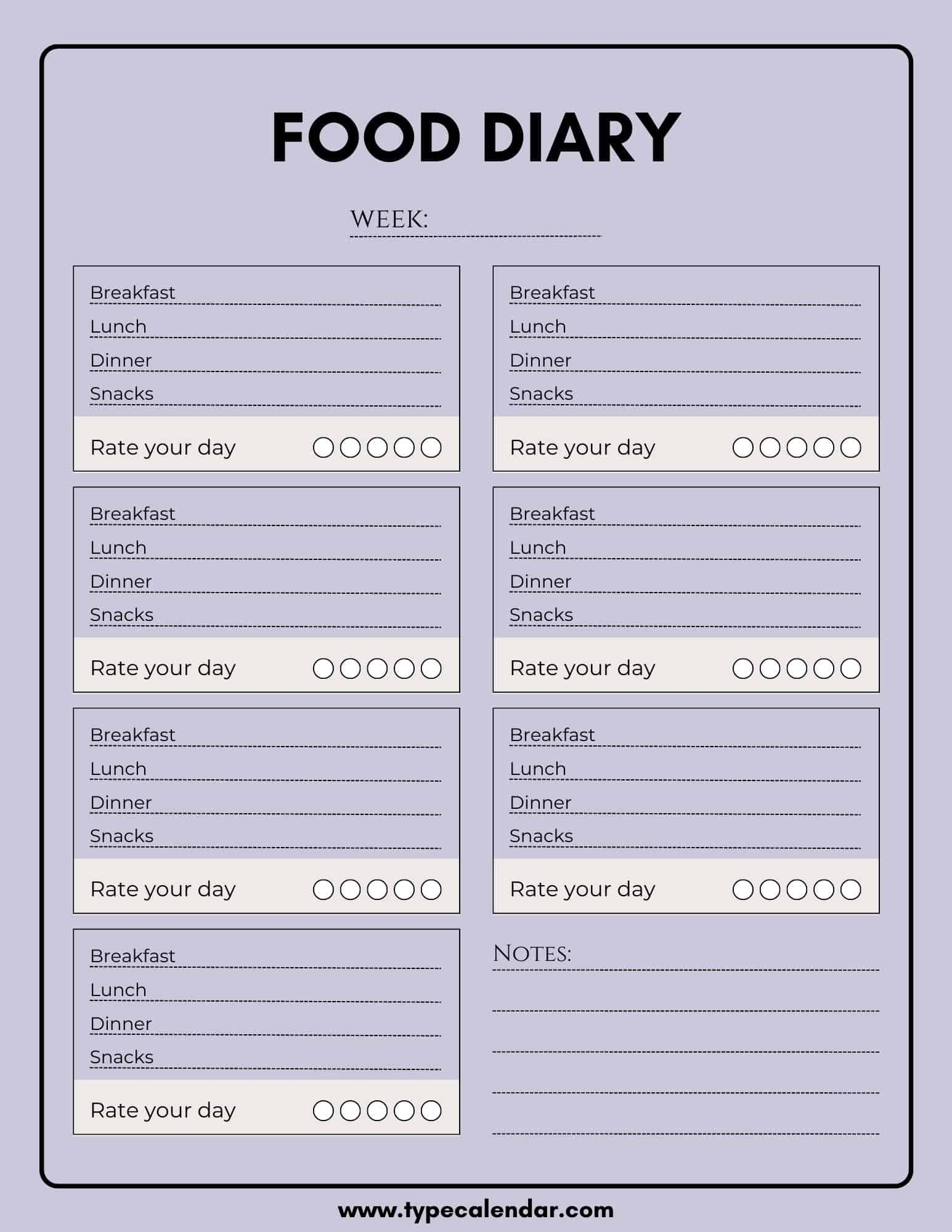 Printable Food Diary Calendar