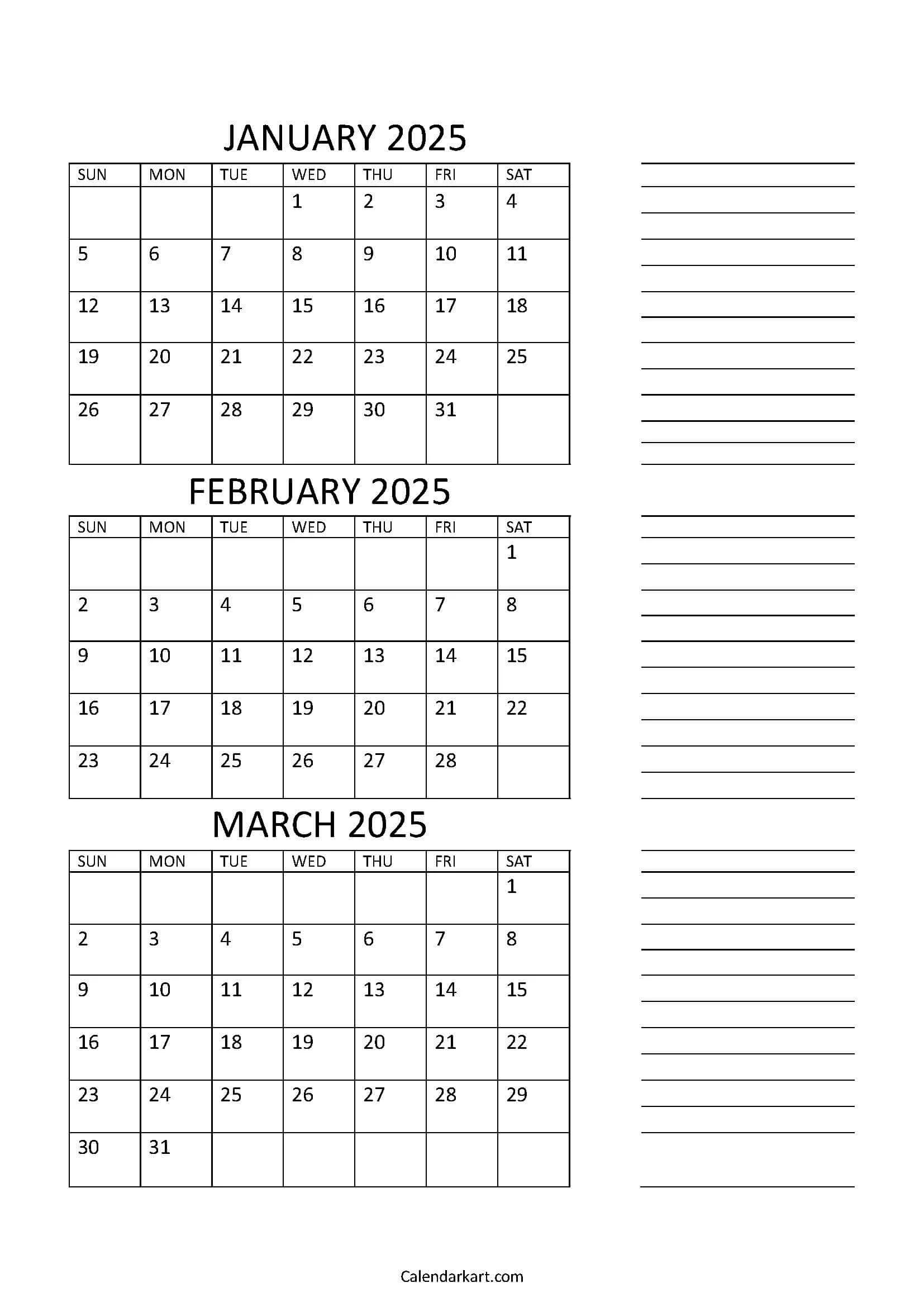Printable Q1 2025 Calendar