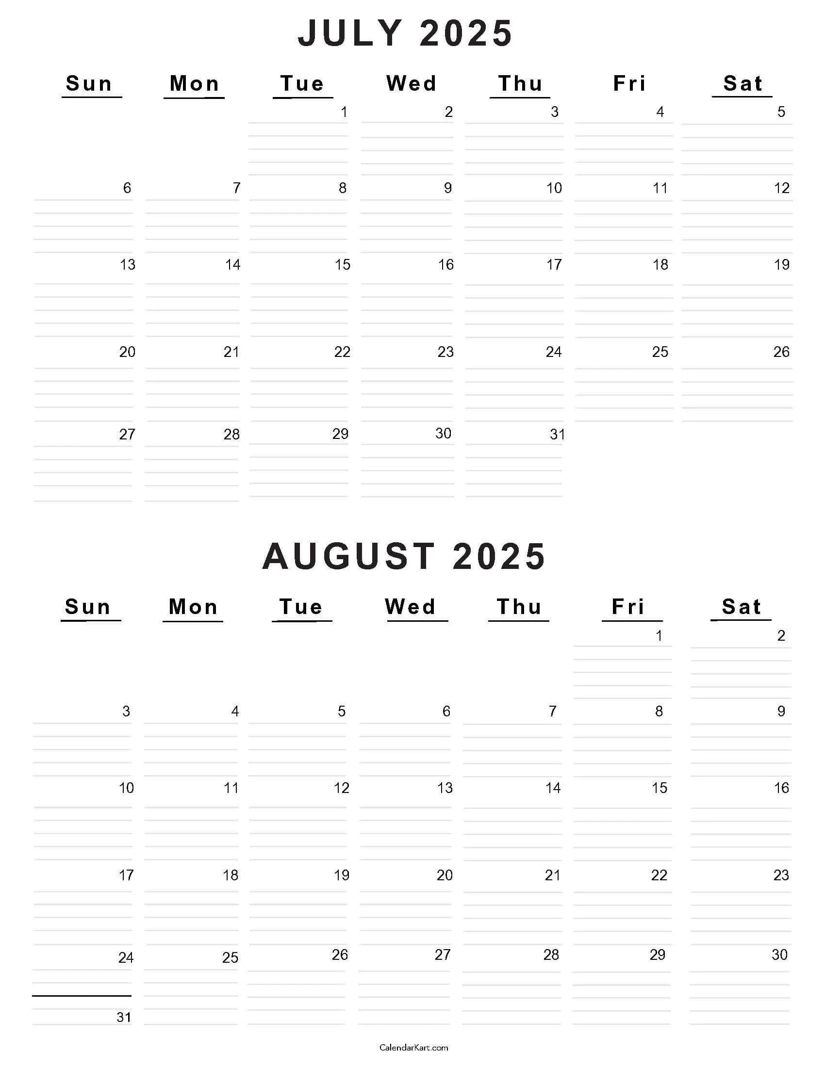 3 Month Vertical Calendar Printable July