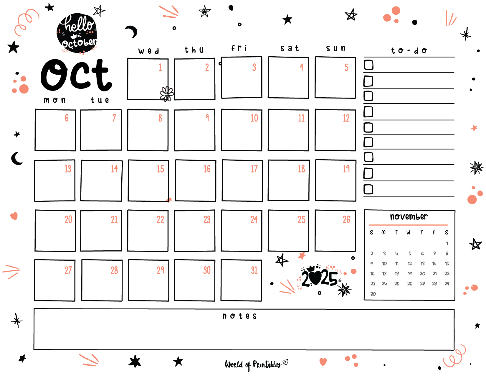 October Free Printable Calendar 2025