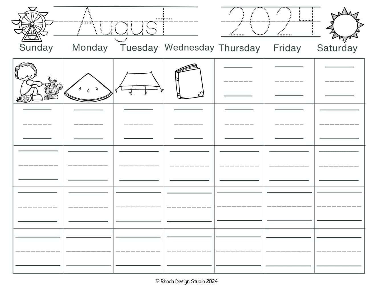 Printable Preschool August Calendar