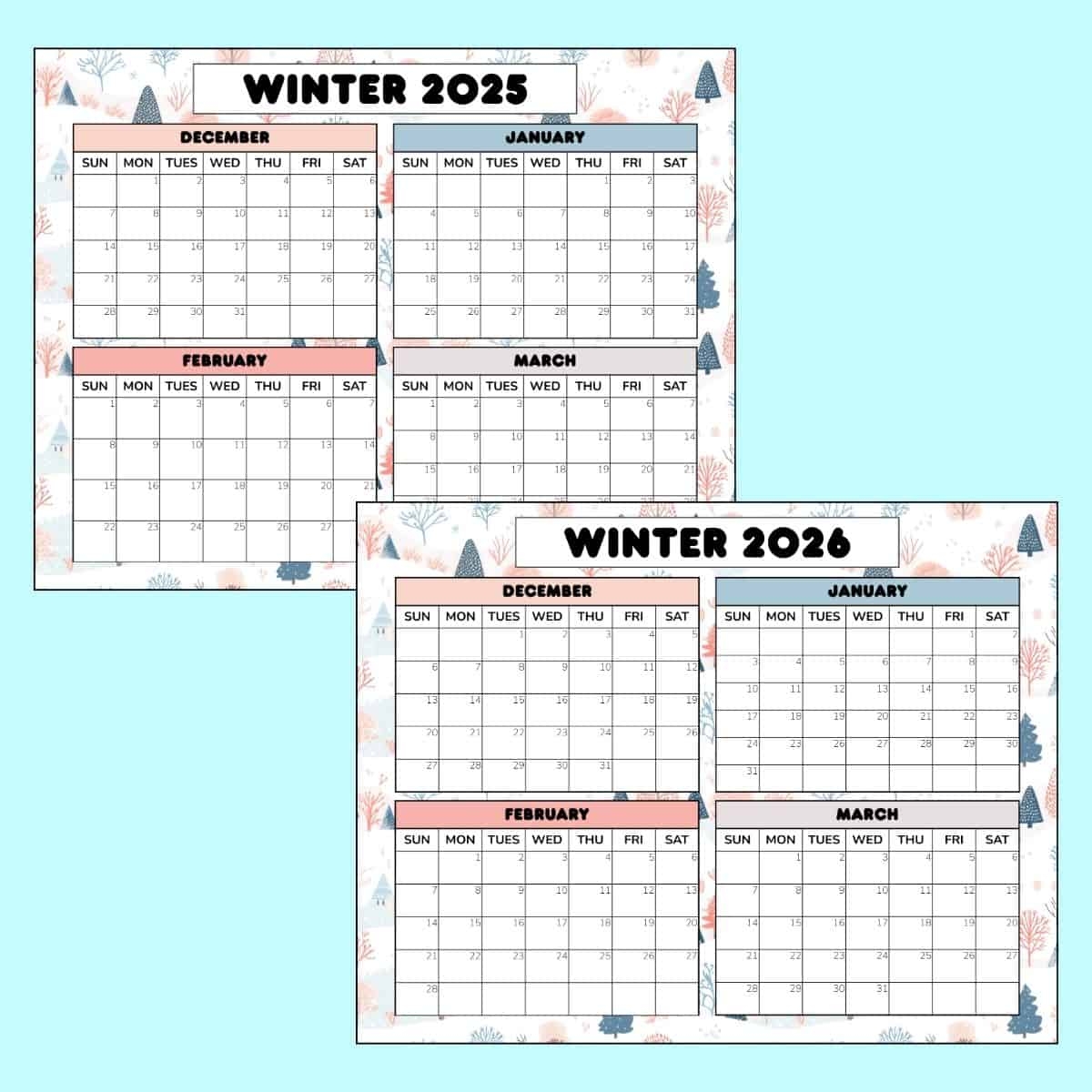 Free Winter Calendar Printable 2025 2026 PDF