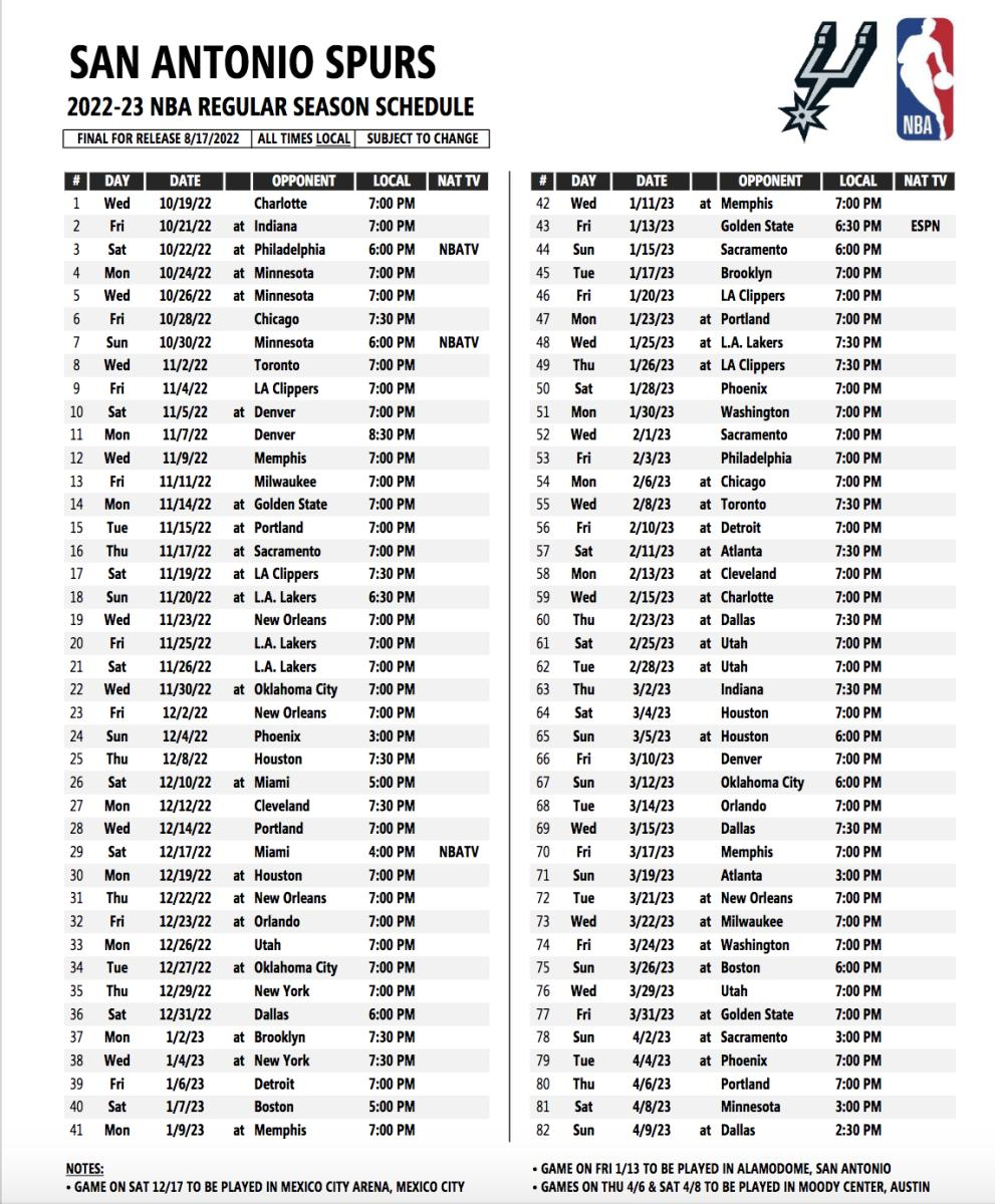 Full San Antonio Spurs Schedule Released For 2022 23 Season Sports Illustrated Inside The Spurs Analysis And More