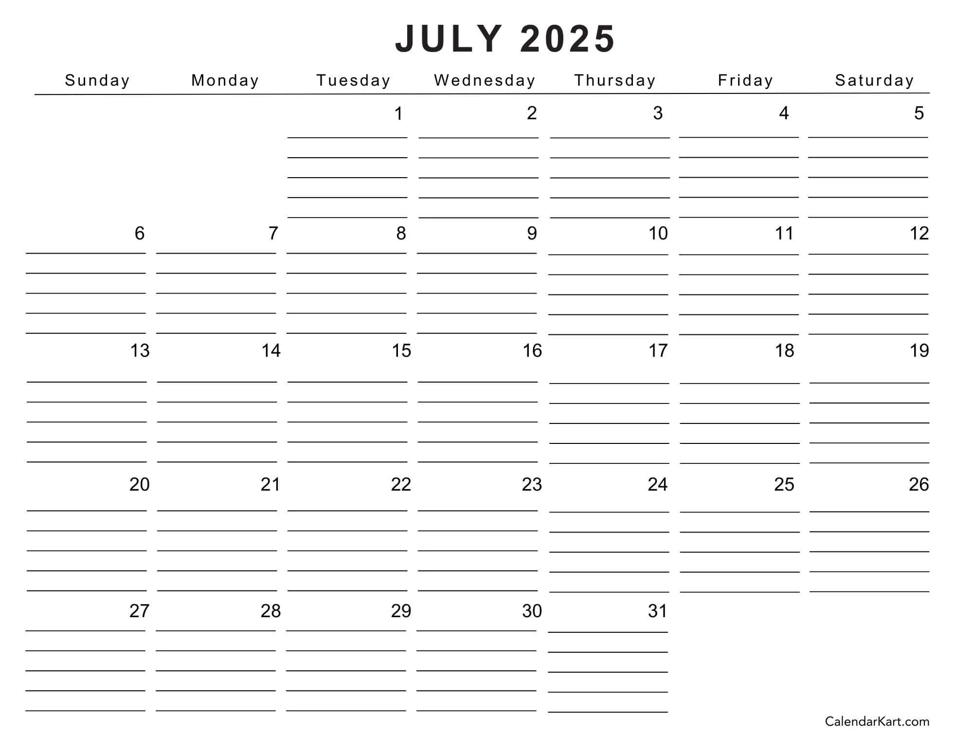 2025 Calendar July Printable