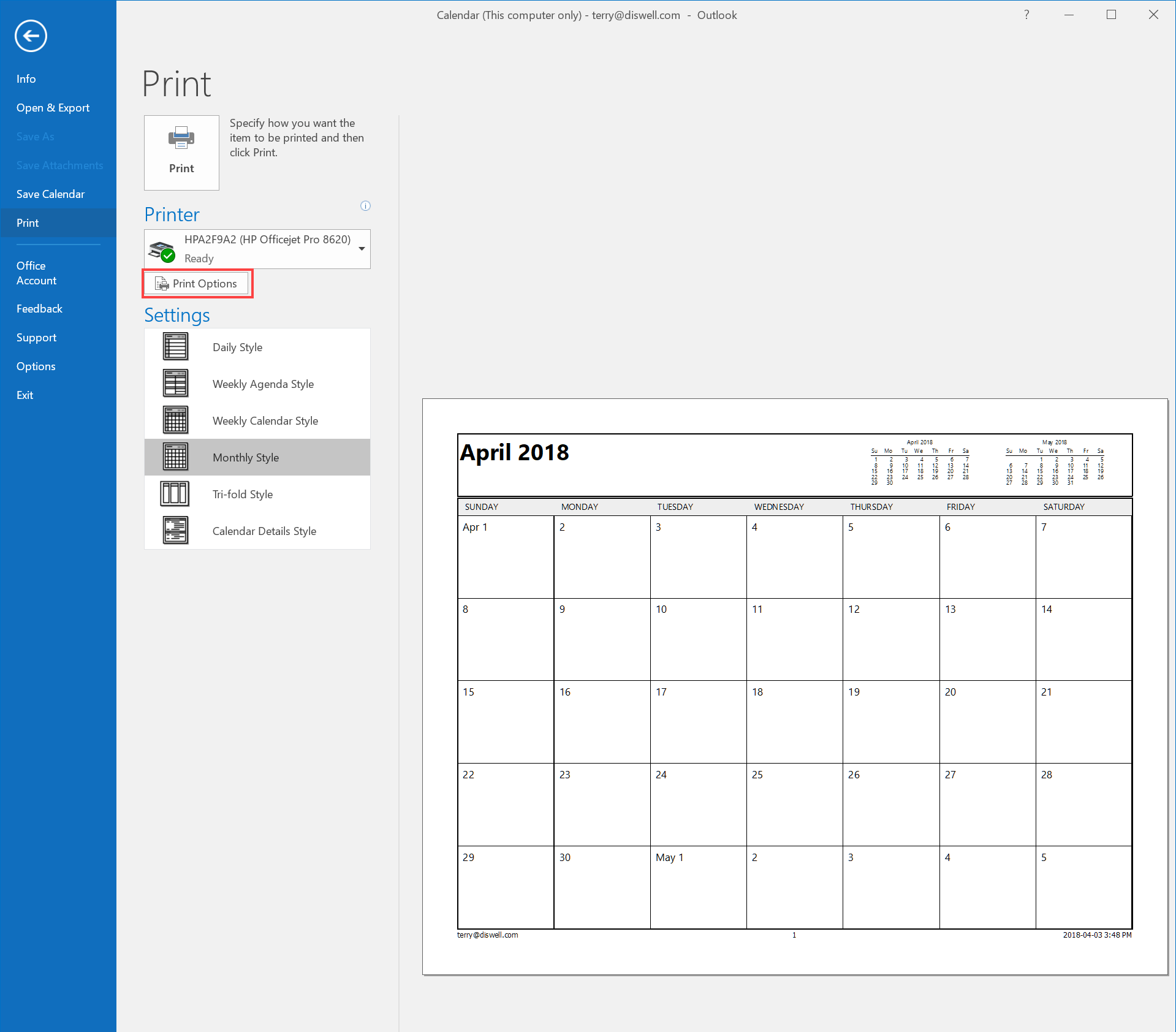 How To Email Or Print Your Calendar In Outlook 2016