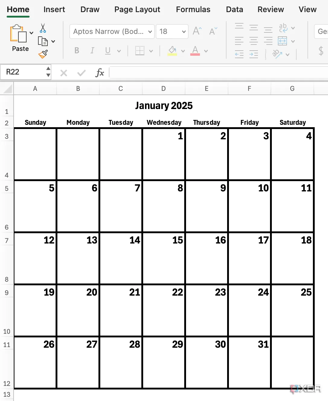 Excel Printable Calendar 2025