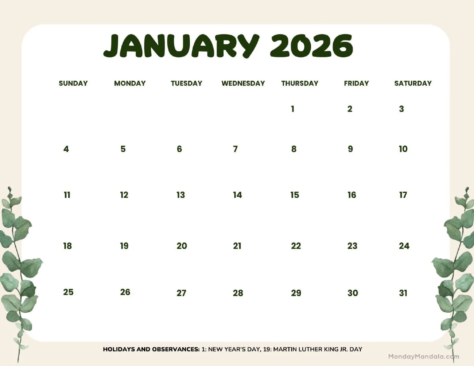 Jan 2026 Calendar Printable Pdf Free Download