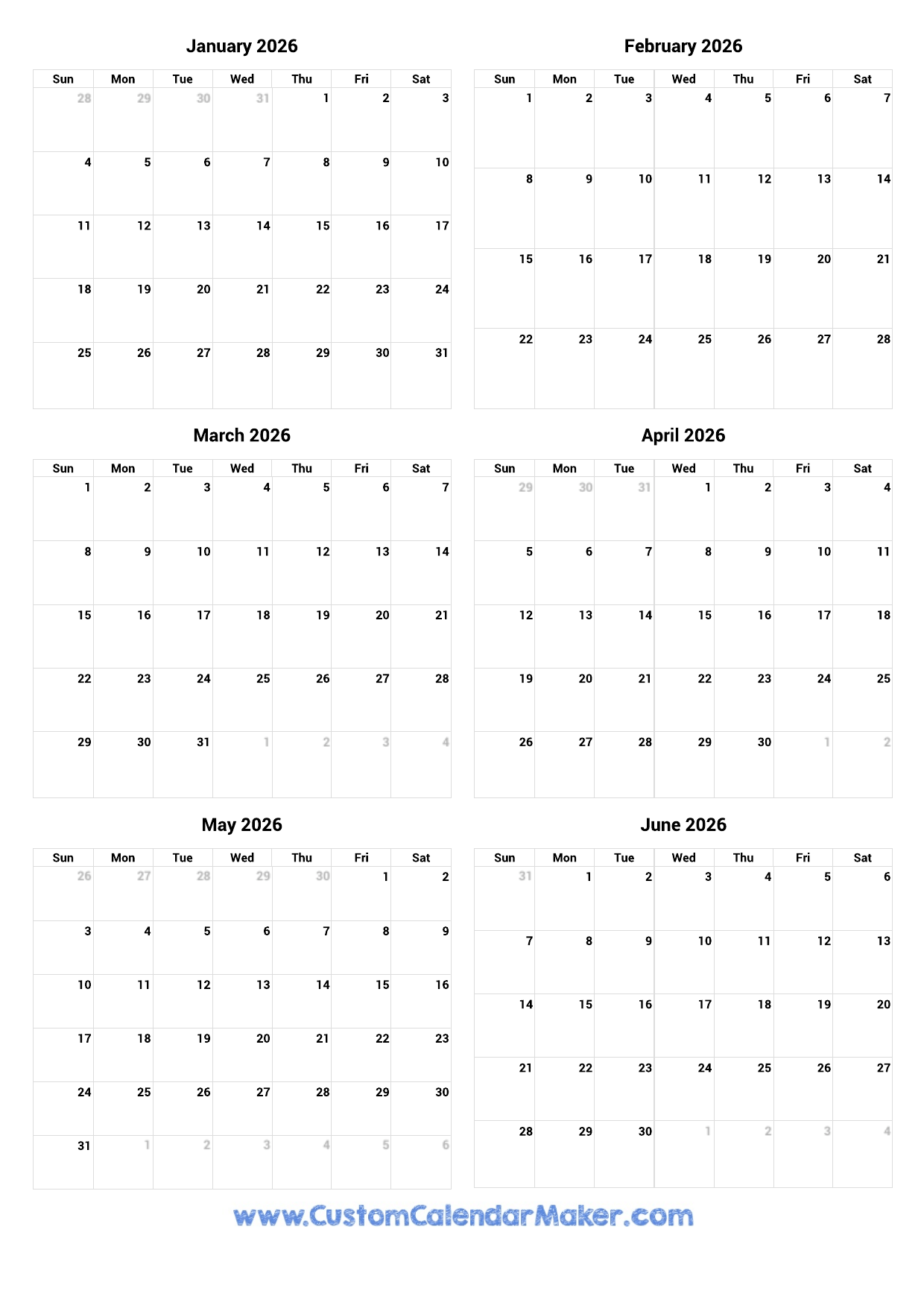 January Calendar 2026 Printable