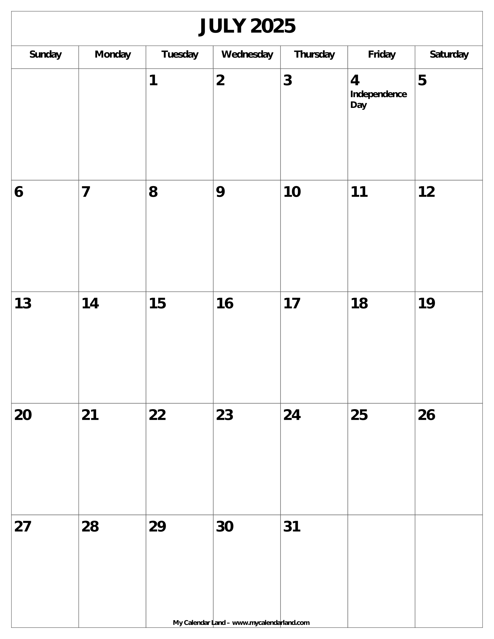 July 2025 Calendar My Calendar Land