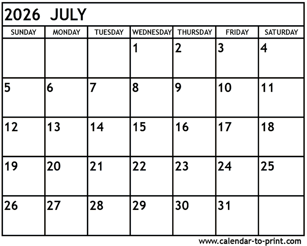 Printable Monthly Calendar July 2026