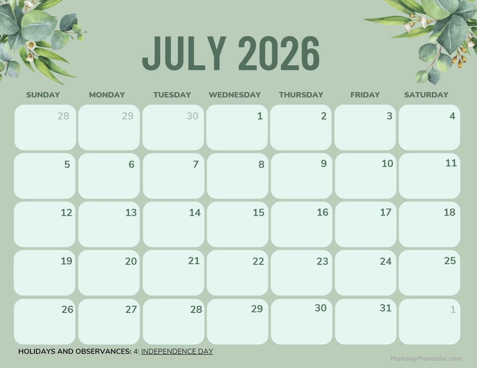 July Printable Calendars 2026