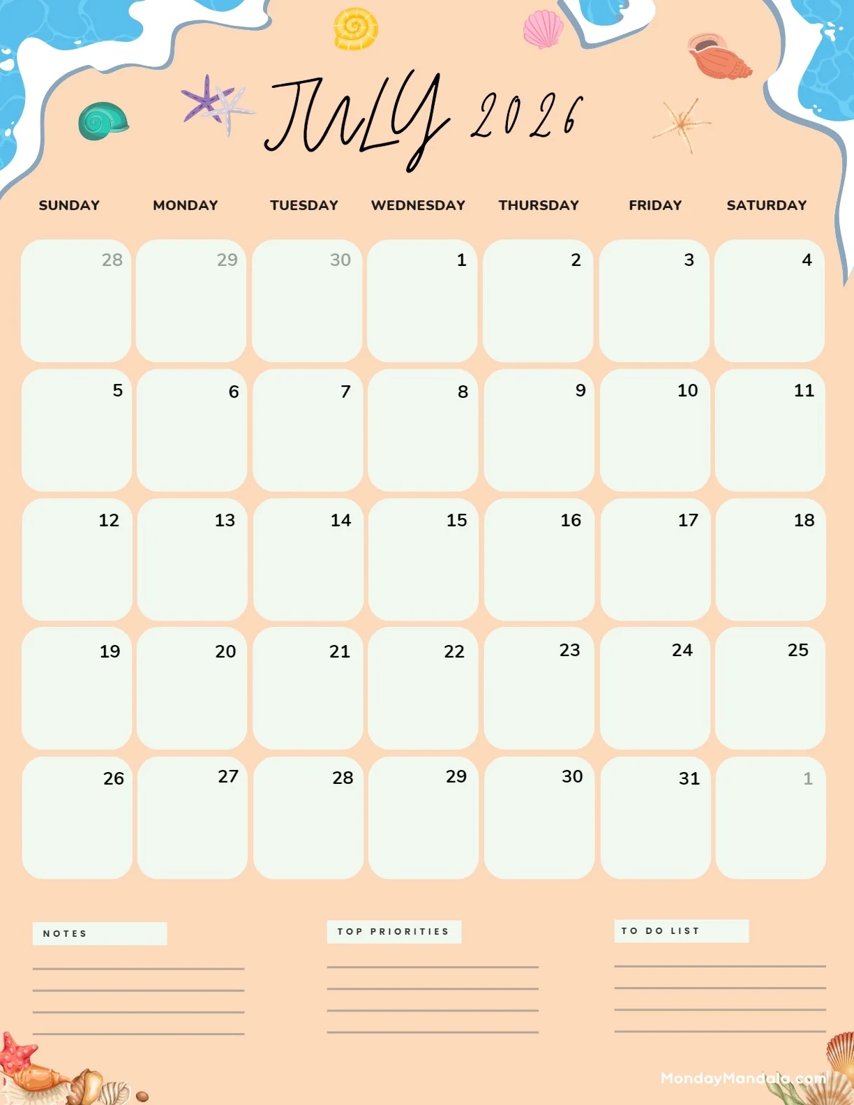 Printable July 2026 Calendar