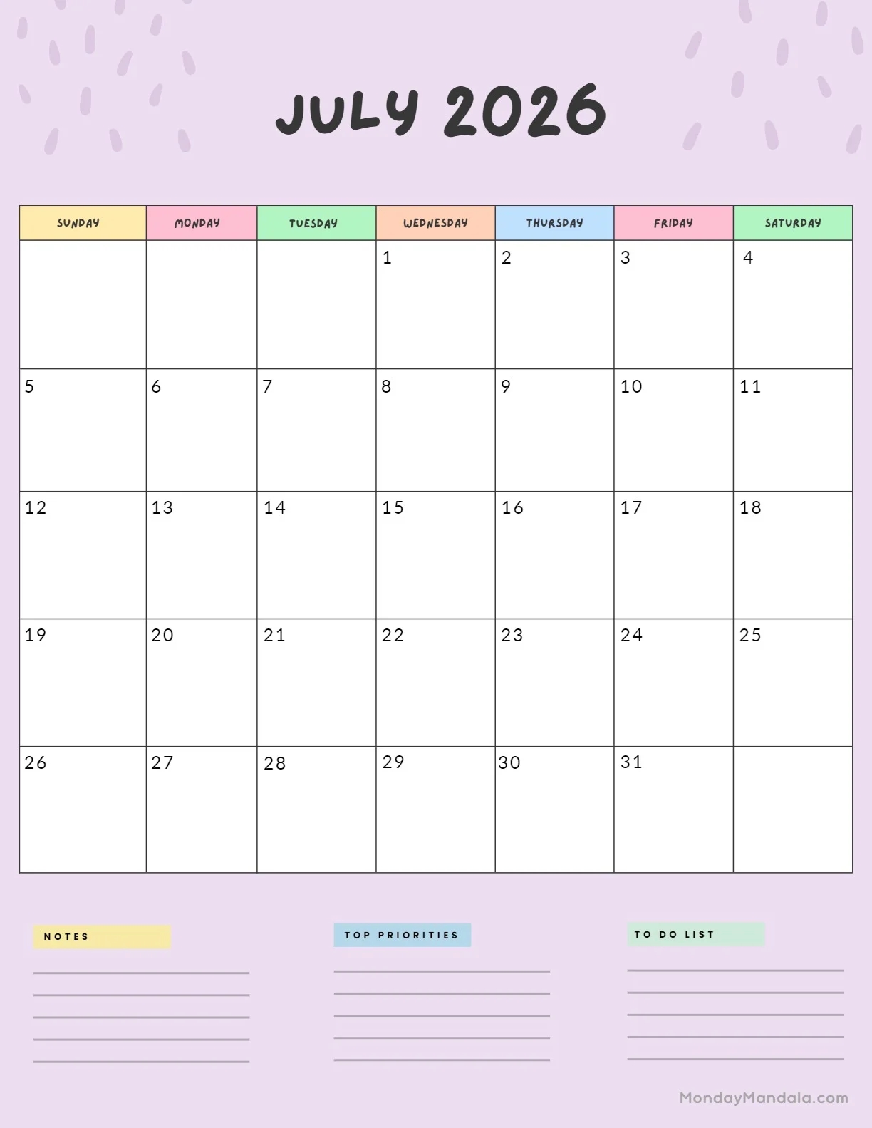 July 2026 Weekly Calendar Printable