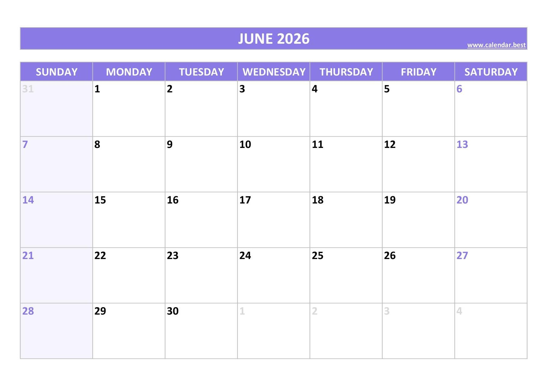 Cute June 2026 Calendar Printable
