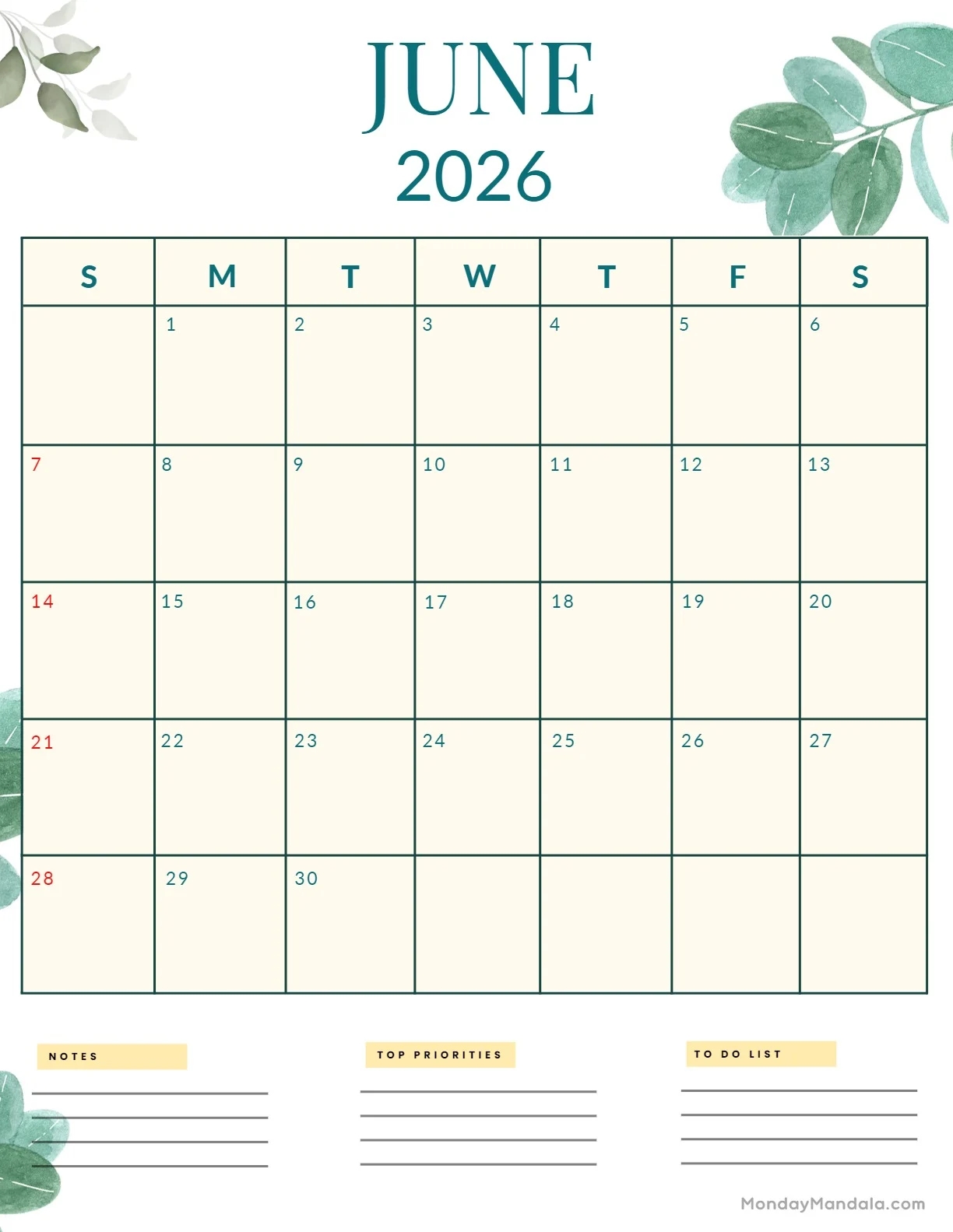 Cute June Calendar 2026 Printable