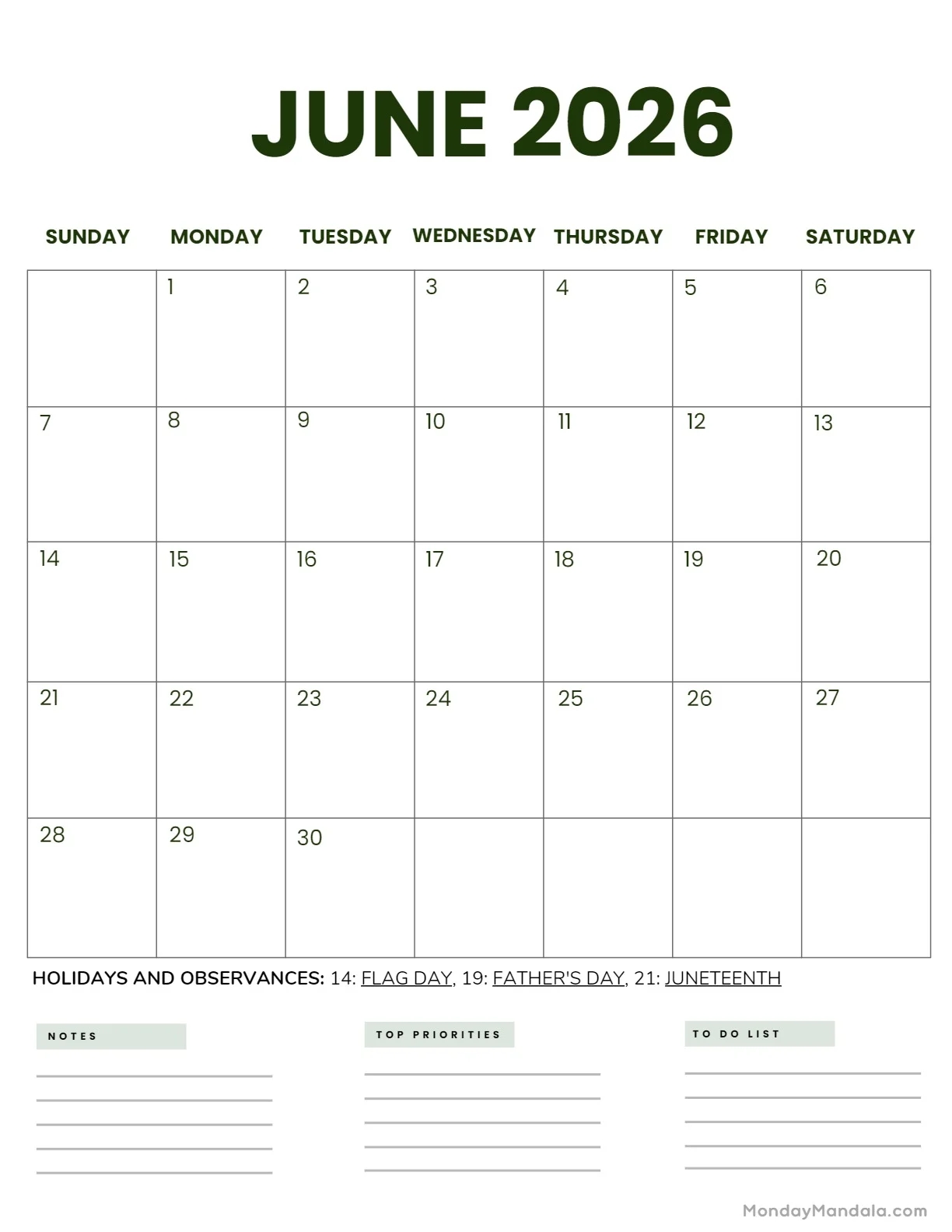 2026 Calendar Printable Free June 2026 Calendar Printable