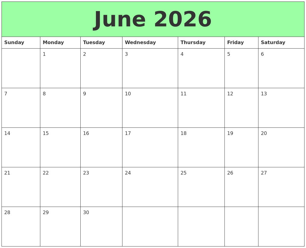 June 2026 Blank Calendar Printable