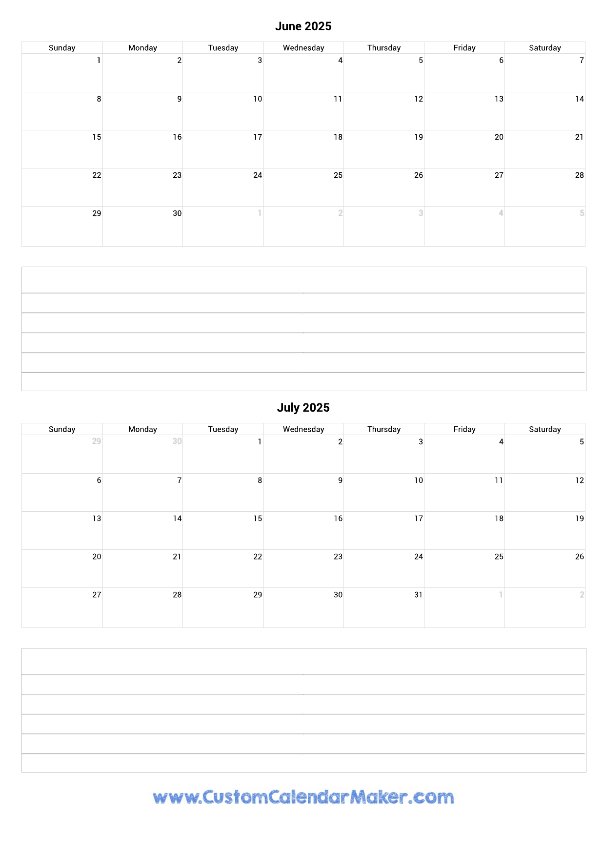 June July 2027 Calendar Printable