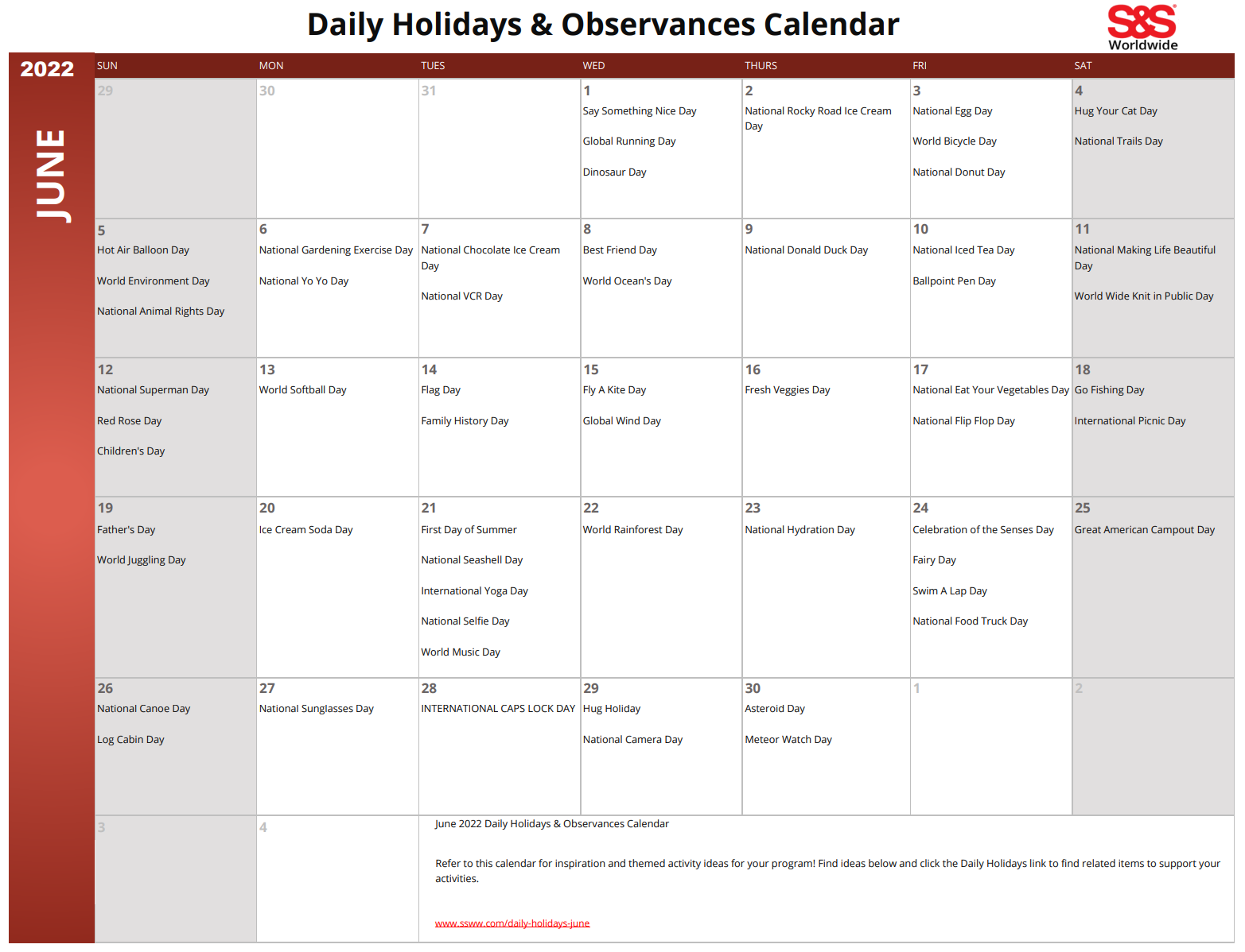 June Printable Daily Holidays Calendar 2022 S S Blog