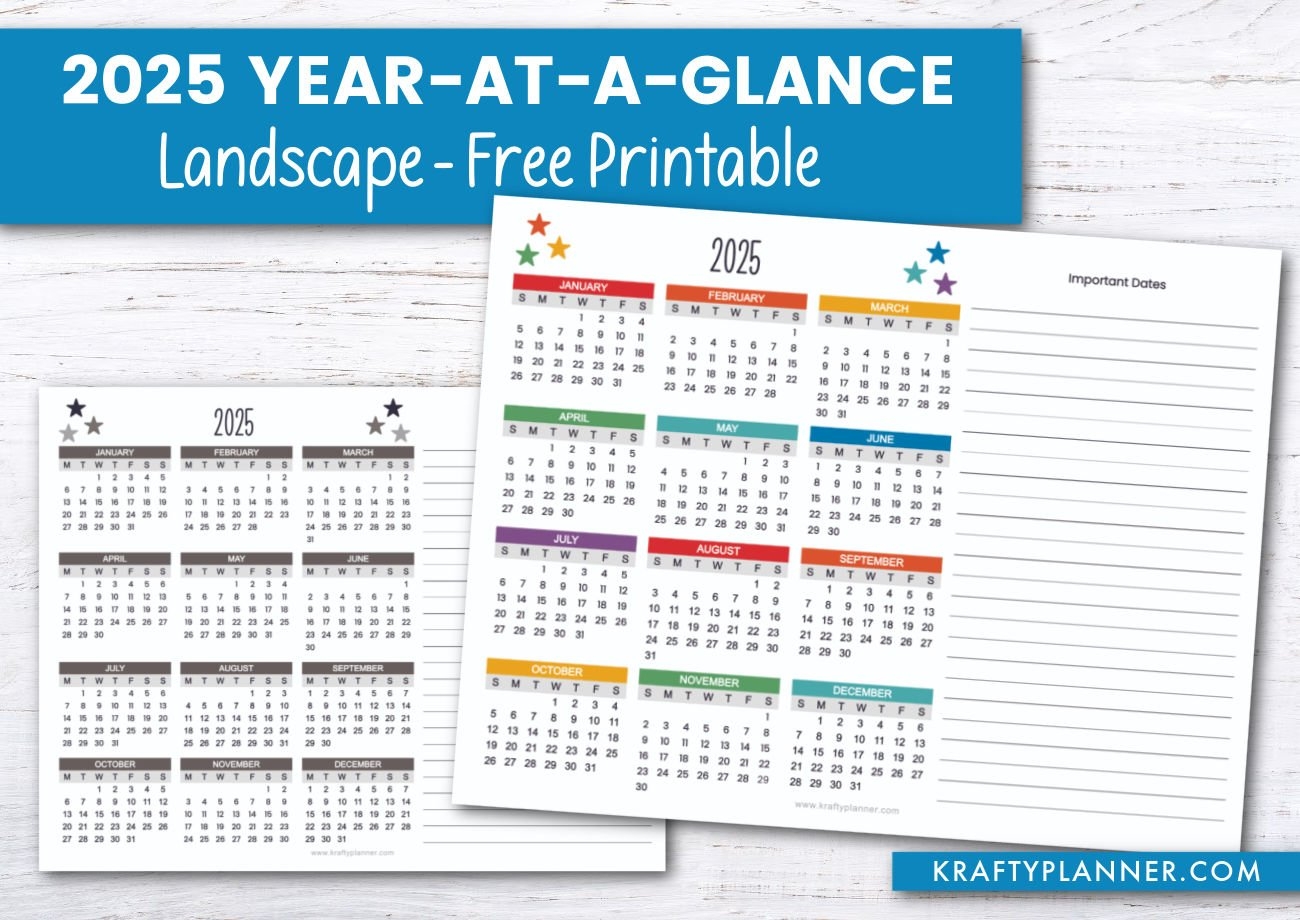 Landscape 2025 Year at a Glance Calendar Krafty Planner