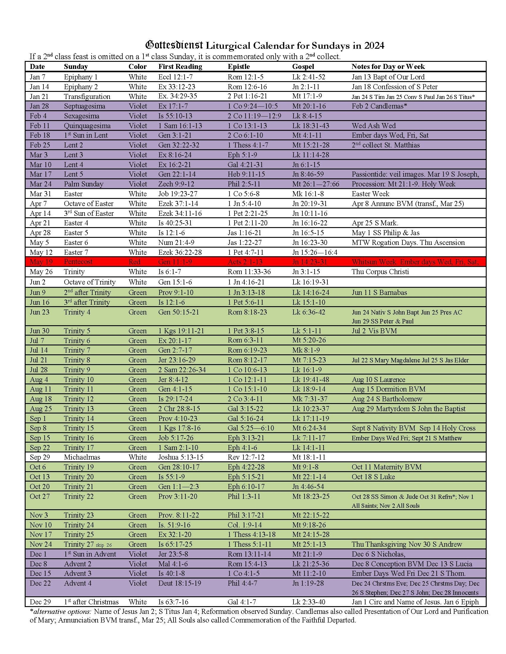 Liturgical Calendar Gottesdienst