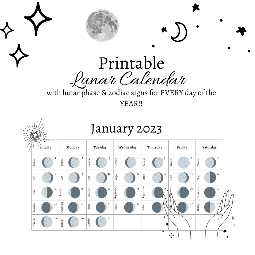 Lunar Calendar 2023 Printable Zodiac Calendar Downloadable Moon Calendar Etsy
