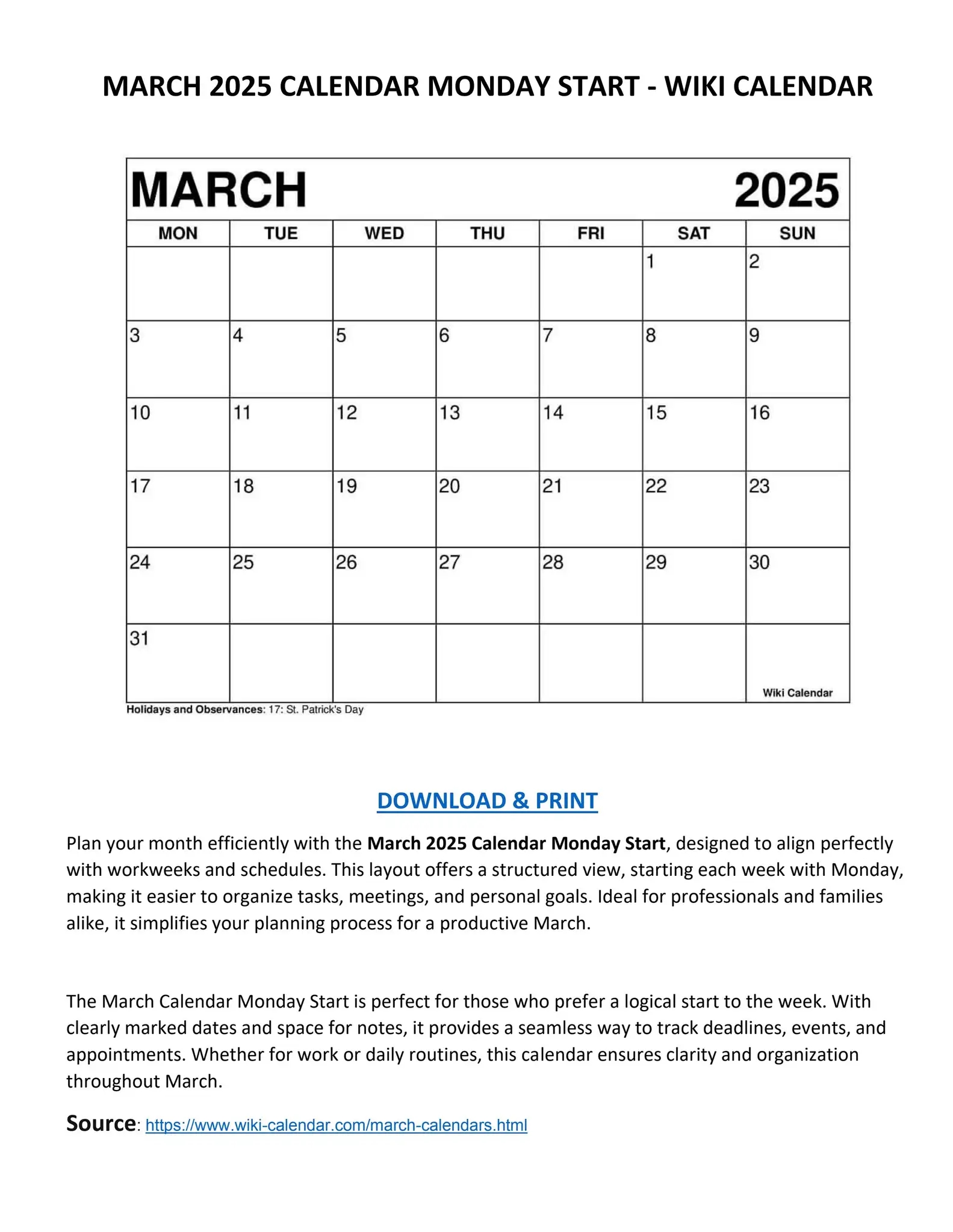 Printable Calendar For March