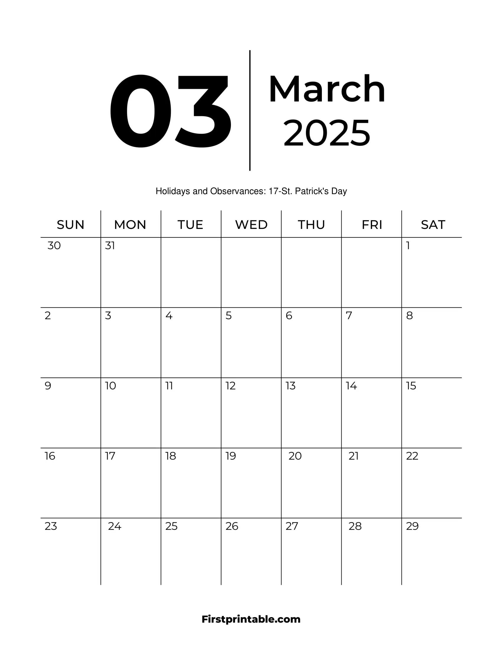 March 2025 Calendars Free Printable Fillable