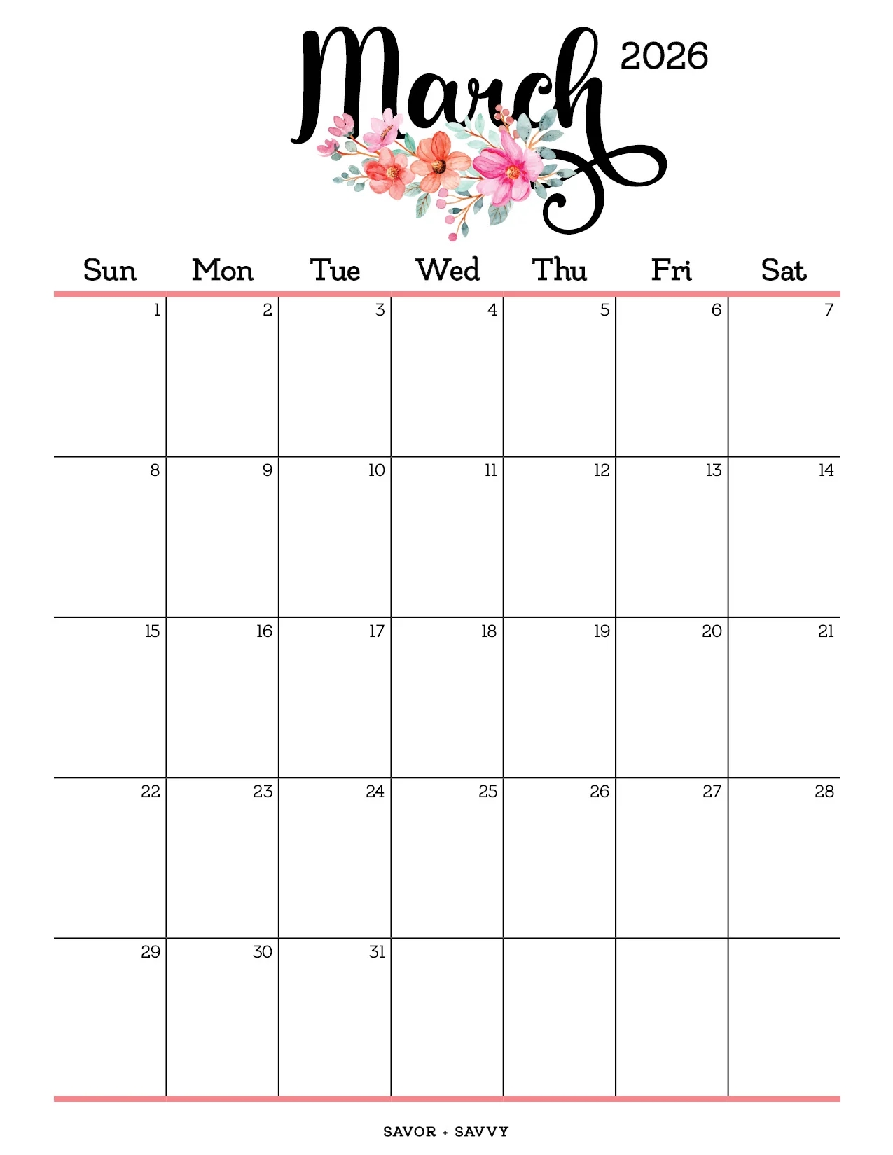 March 2026 Calendar Printable Pdf