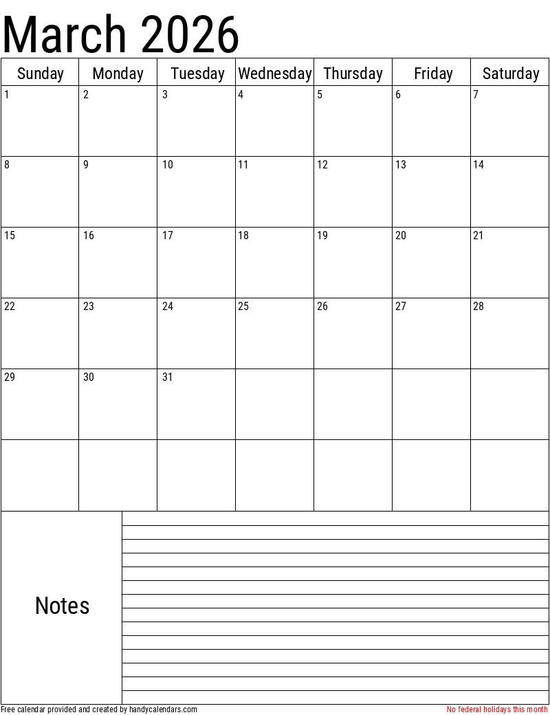 March 2026 Vertical Calendar With Notes And Holidays Handy Calendars