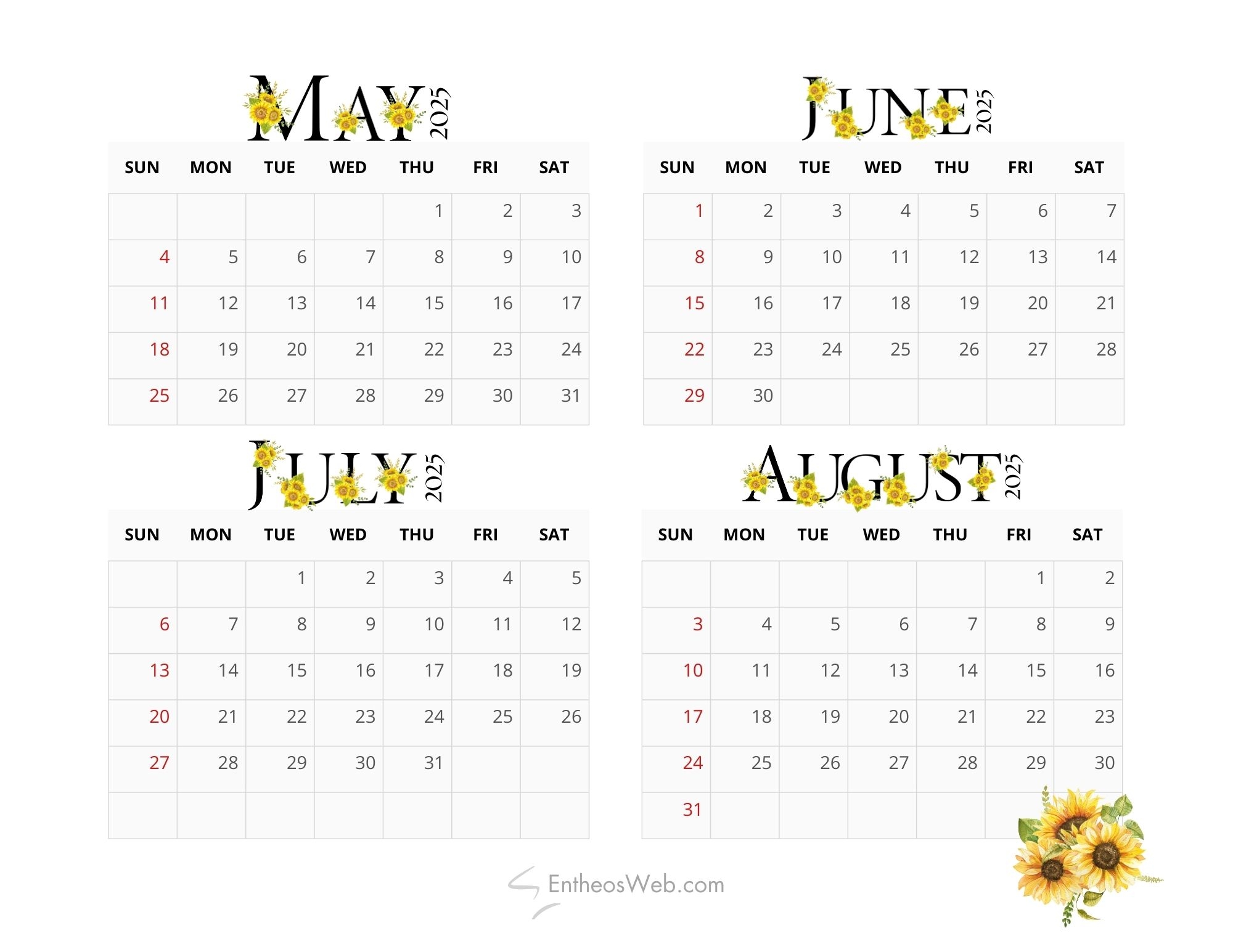 Printable Monthly Calendar June July August 2026