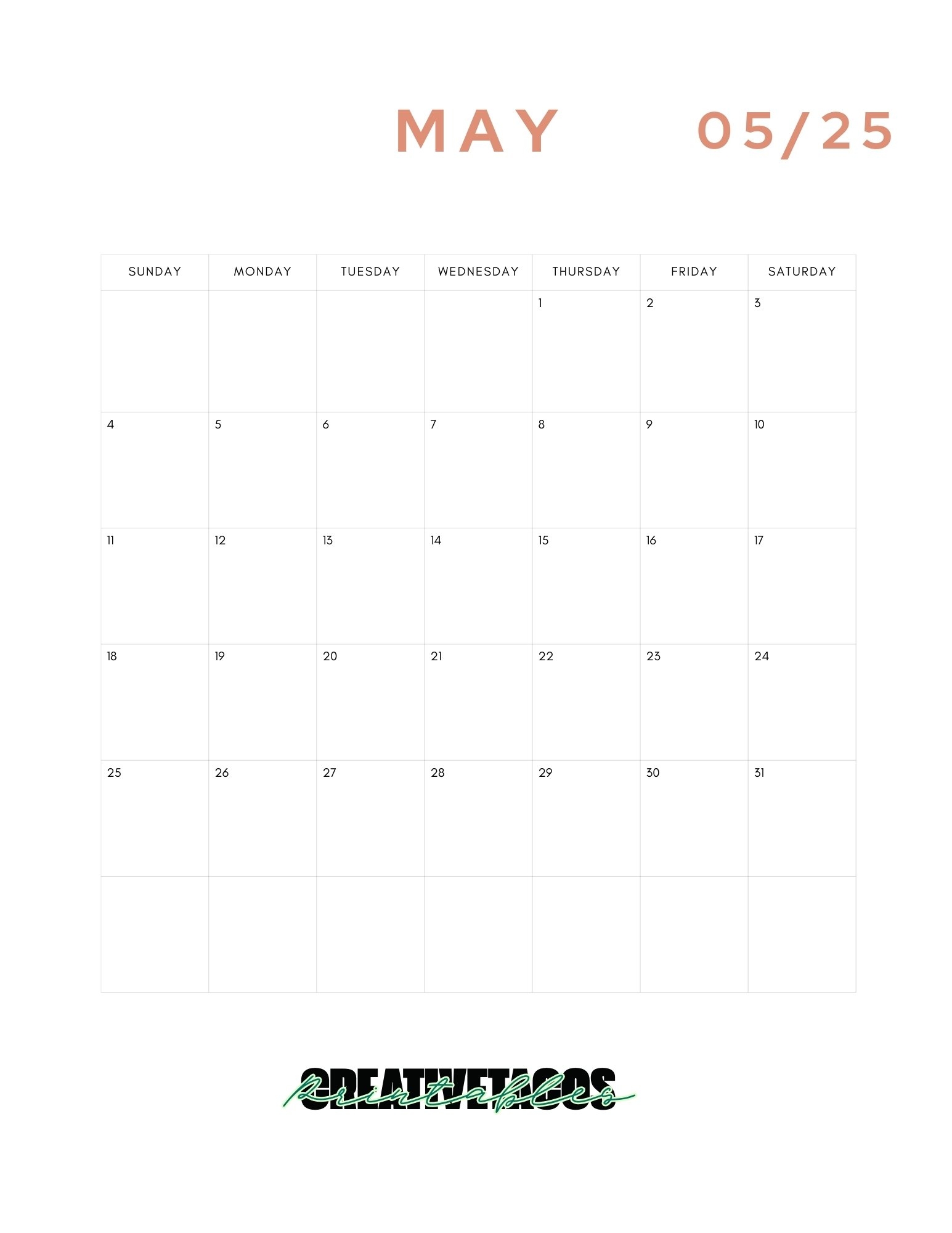 Minimalist Printable 2025 Monthly Calendar Template