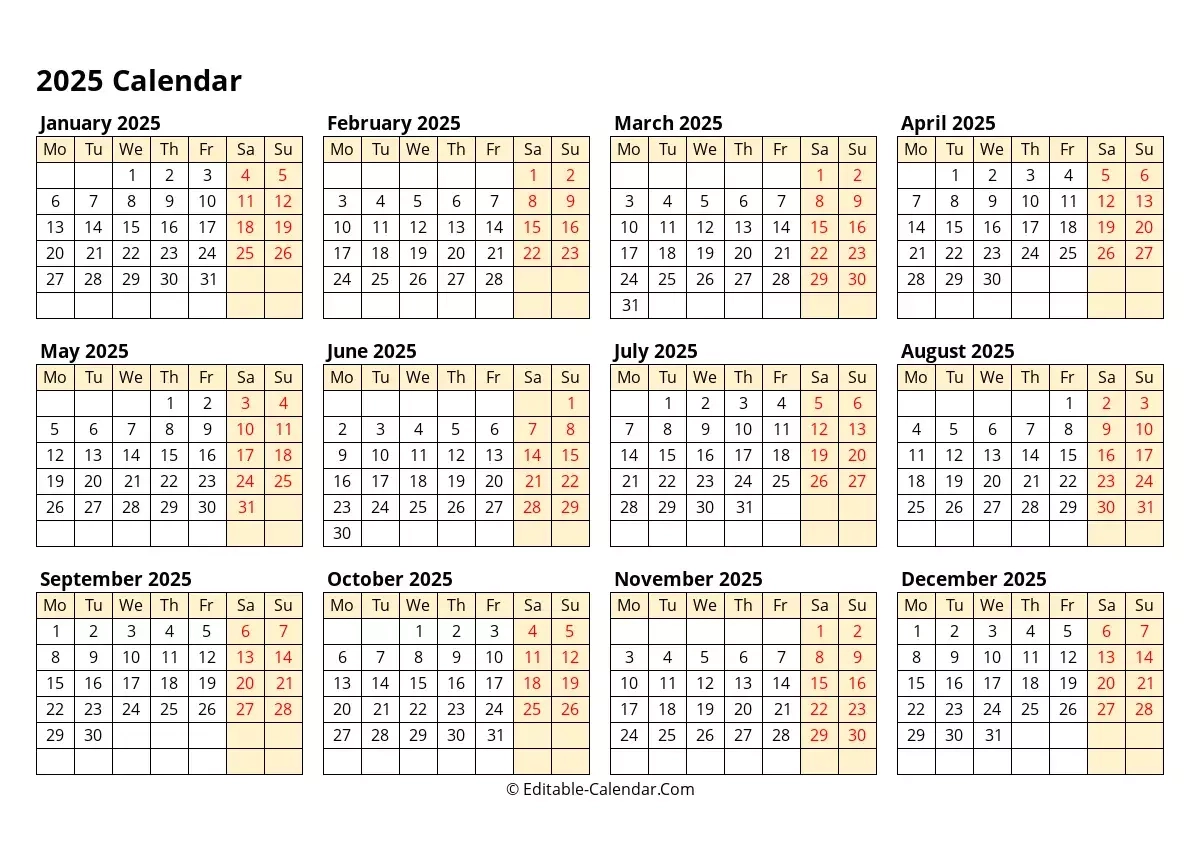 2025 Calendar With Monday Date Printable