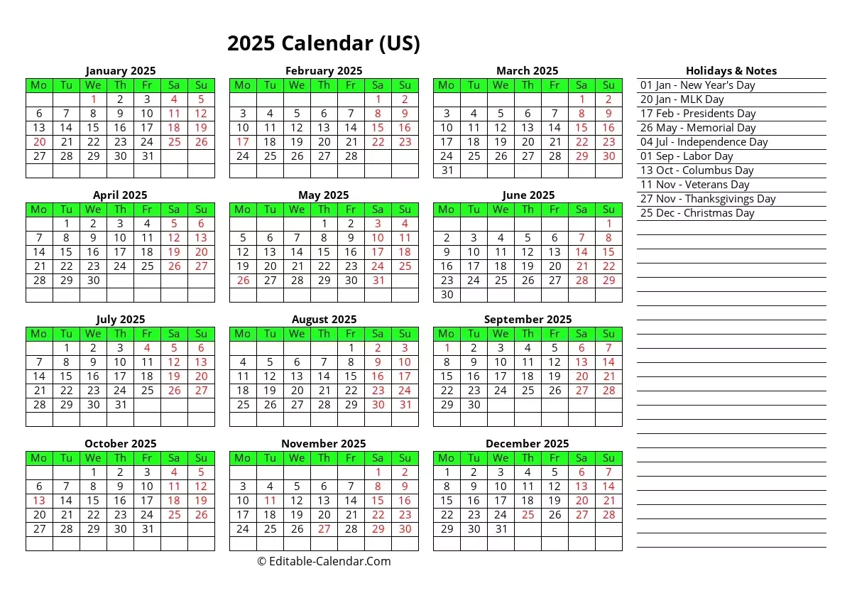 Monday Start 2025 Yearly Calendar Editable In Excel Word PDF Monday Start 2025 Yearly Calendar Editable In Excel Word PDF
