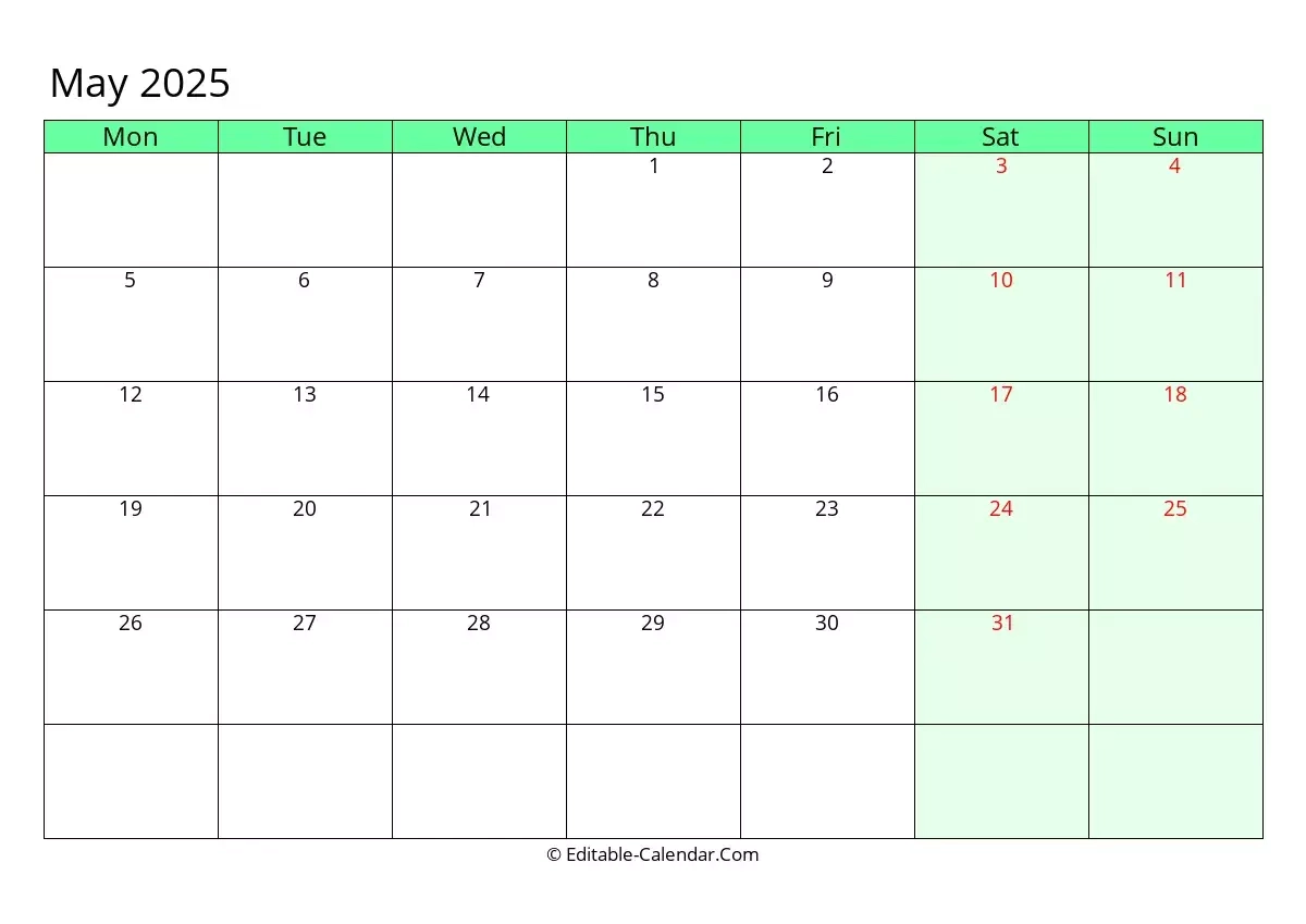Printable Calendar 2025 Monday Start