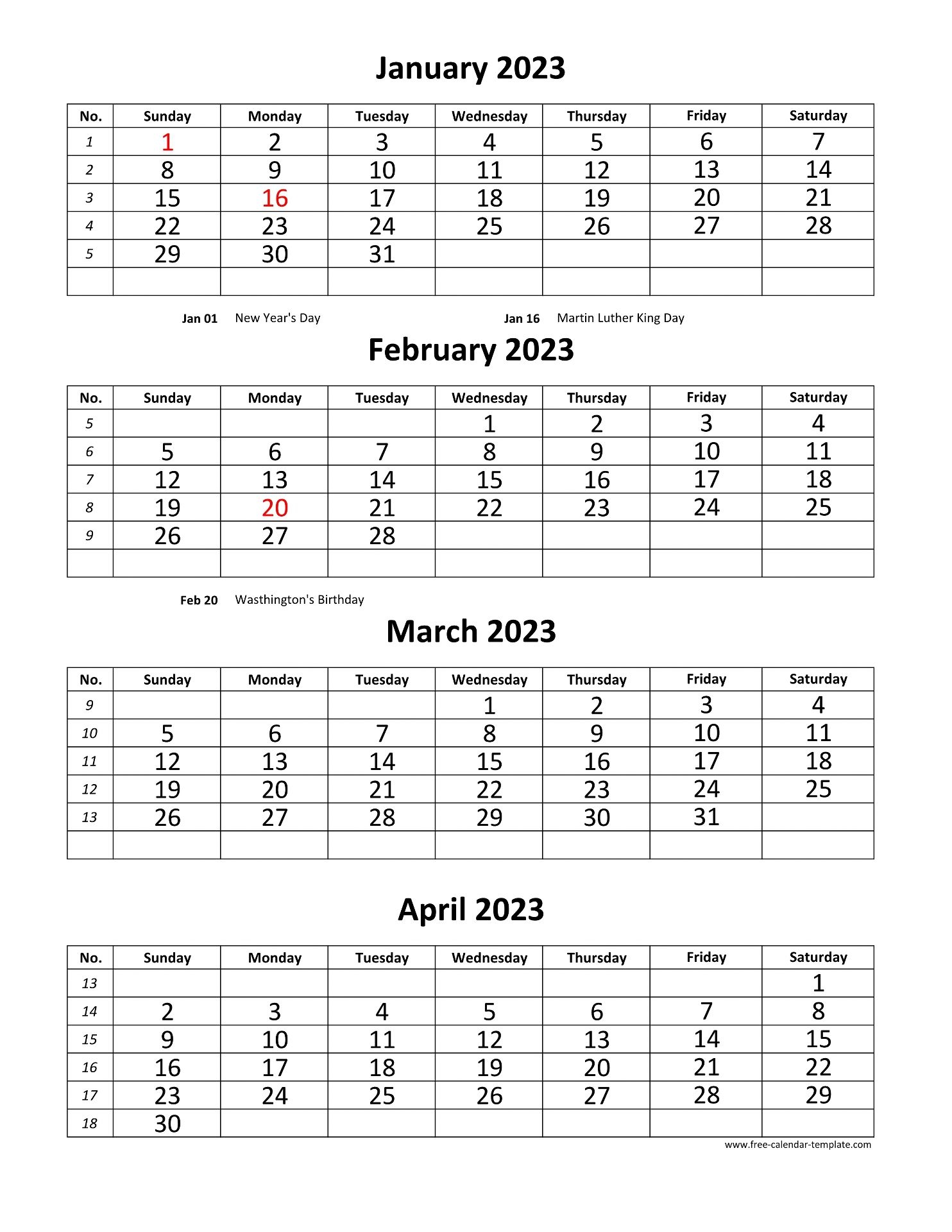 Monthly 2023 Calendar 4 Months Per Page vertical Free calendar template