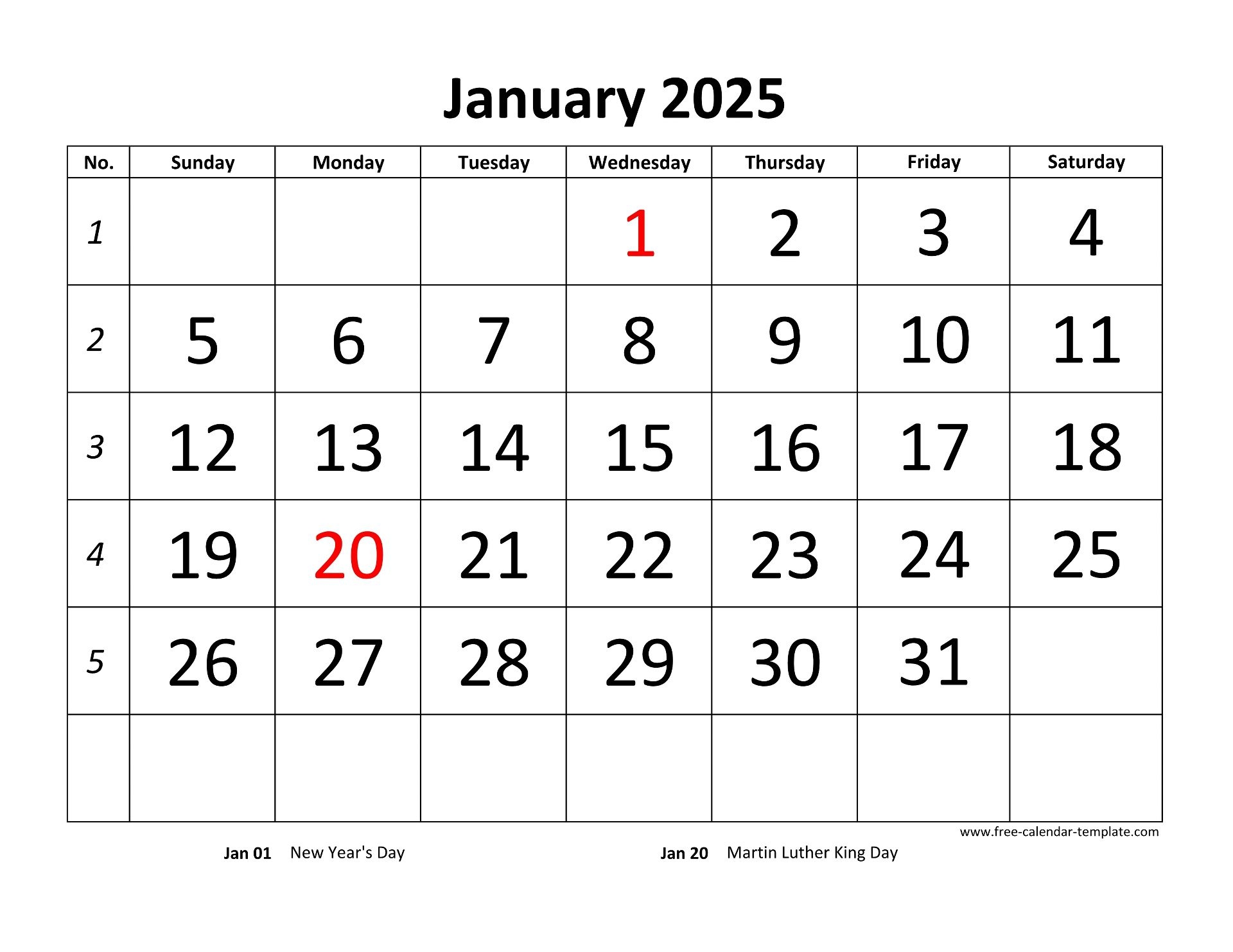 Monthly 2025 Calendar Designed With Large Font horizontal Free calendar Template