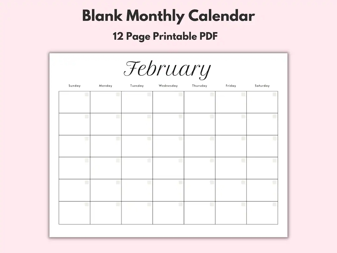 Monthly Blank Calendar Printable Calendar Template Horizontal Printable Calendar Pages PDF Printable Instant Download Simple Calendar Etsy