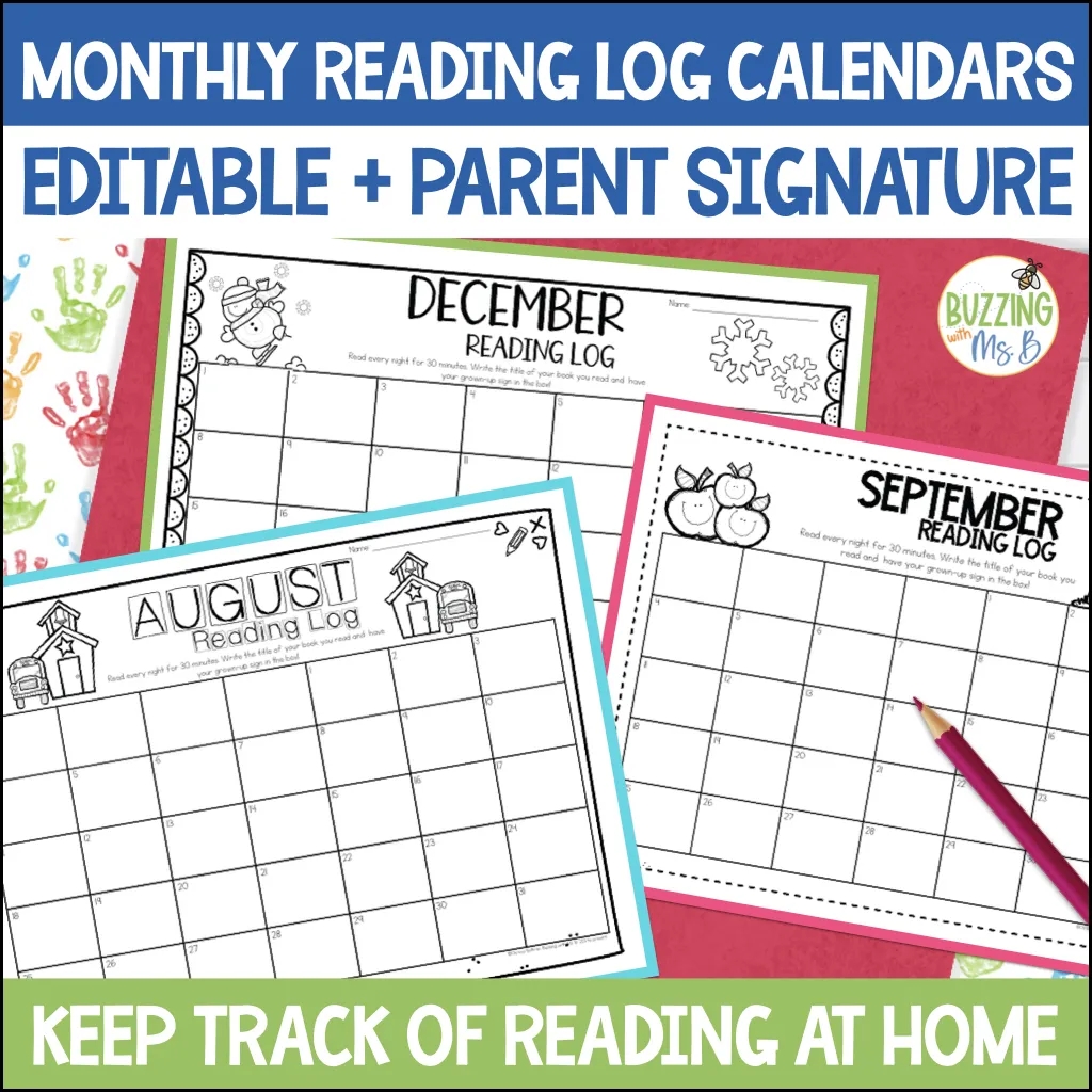 Monthly Editable Calendar Reading Logs Simple Reading Logs Parent Signature Buzzing With Ms B