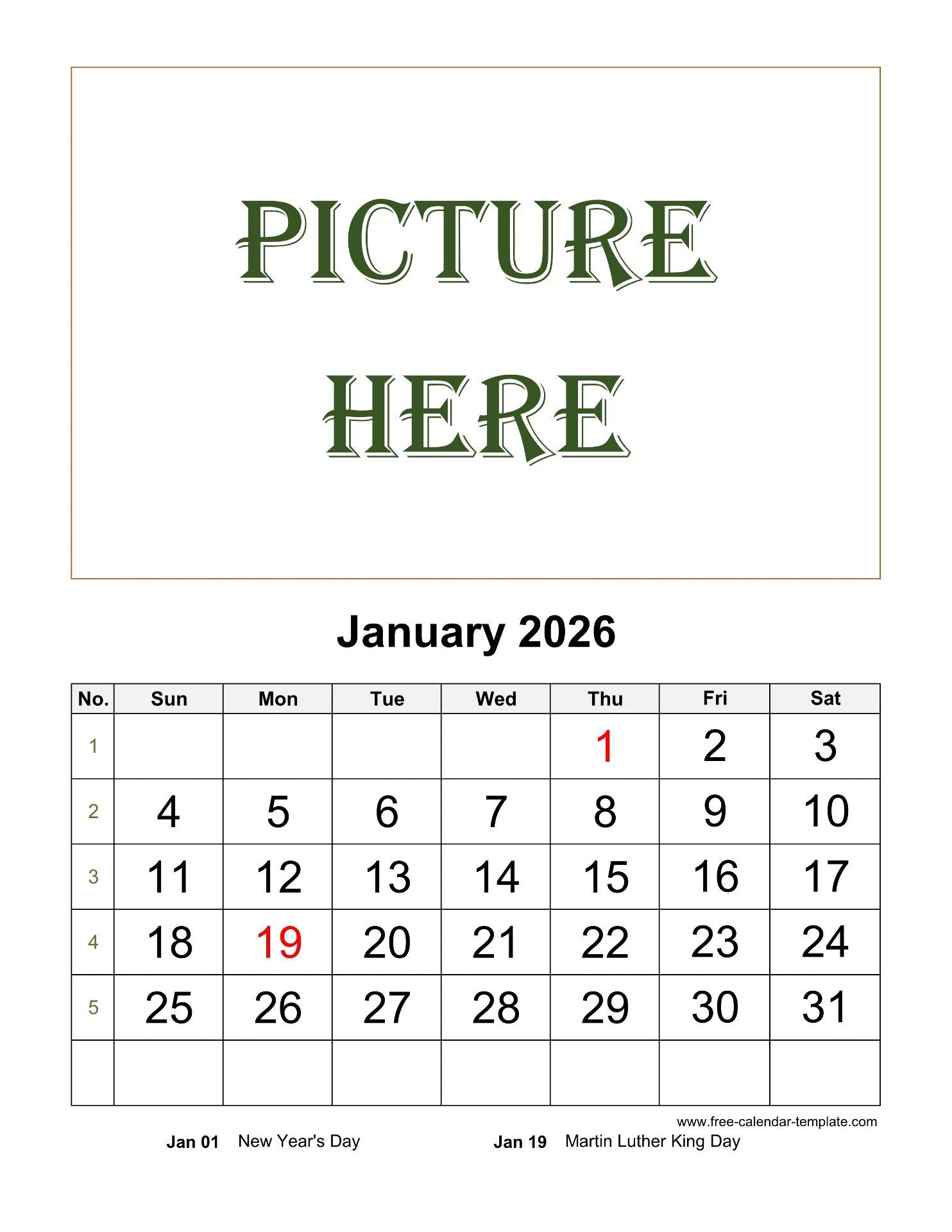 monthly printable 2026 calendar space for add picture vertical free calendar template