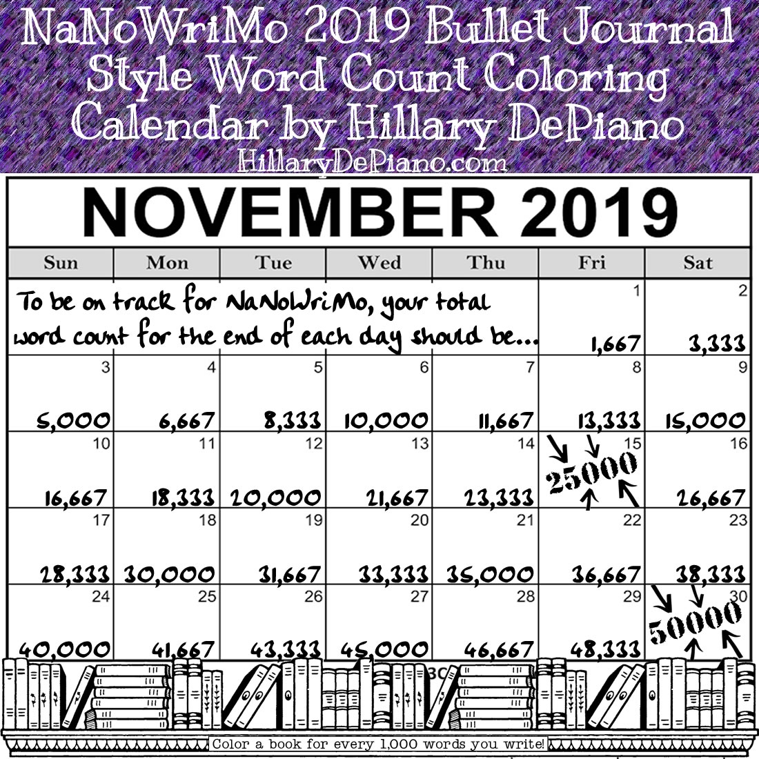 NaNoWriMo 2019 Bullet Journal Style Word Count Coloring Calendar Hillary DePiano