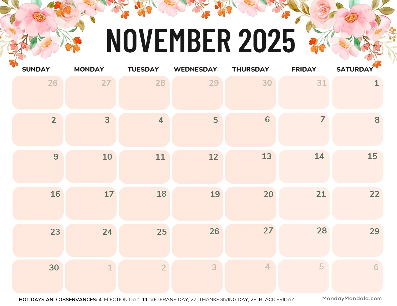Calendar 2025 November Printable