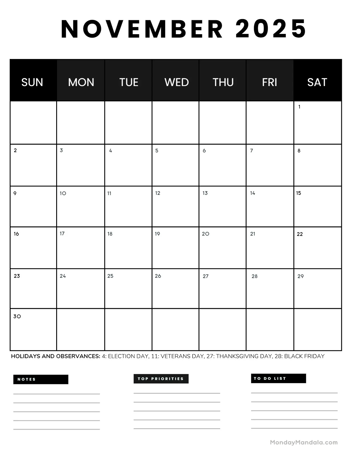 Free Printable Calendar Nov 2025