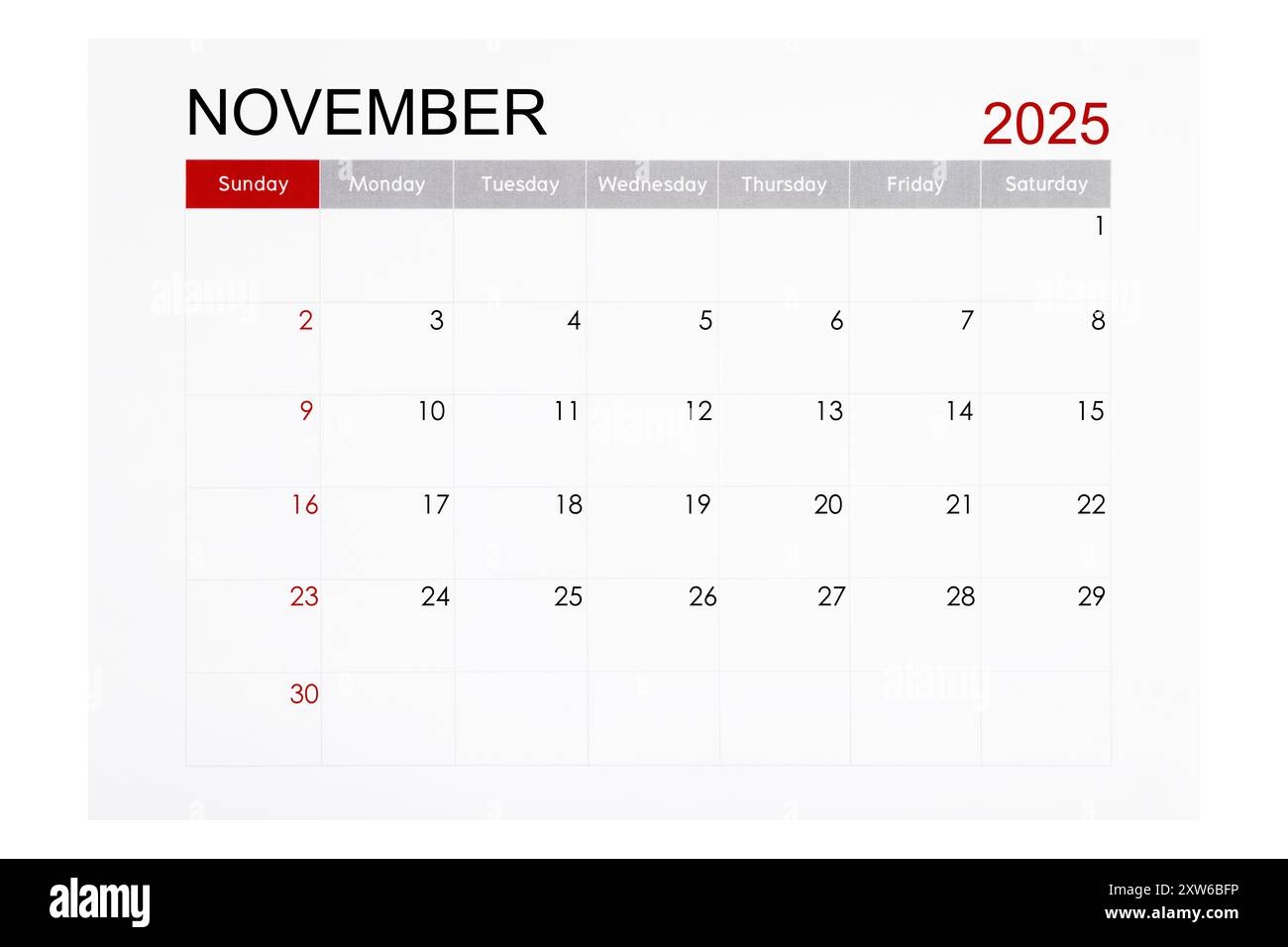 November 2025 Monthly Calendar Page Isolated On White Background Saved Clipping Path Stock Photo Alamy