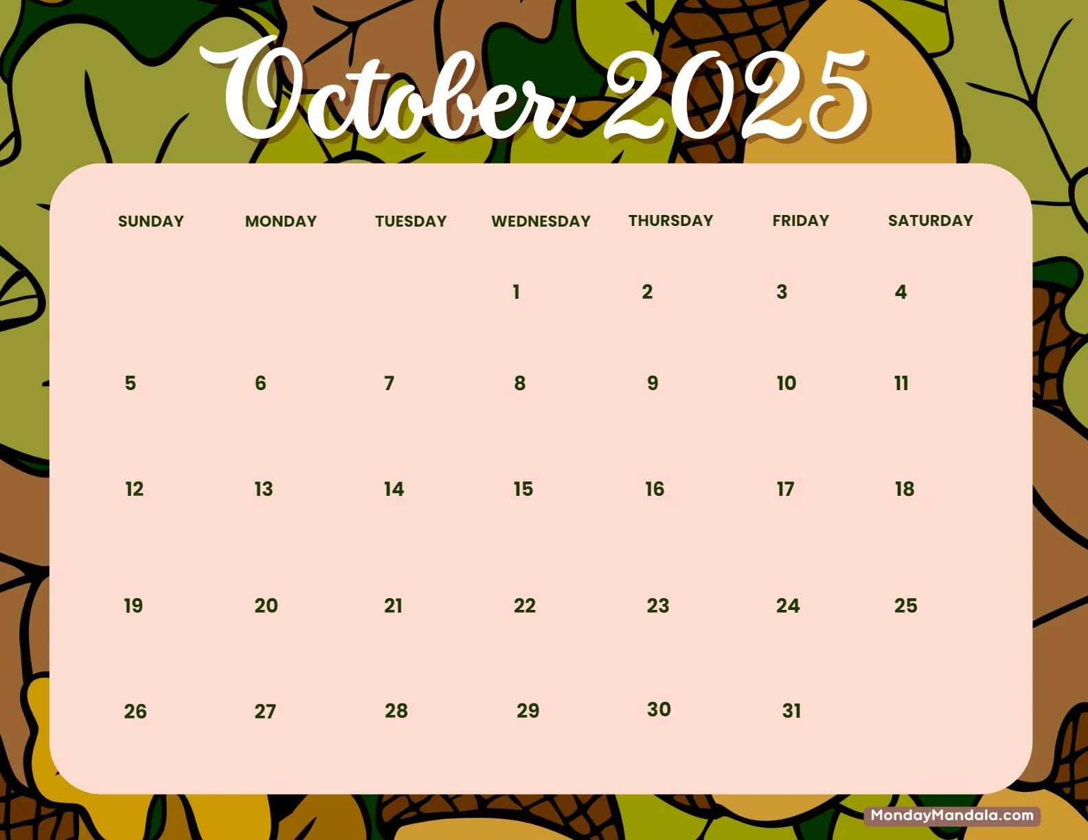 October 2025 Calendar 52 Free PDF Printables 